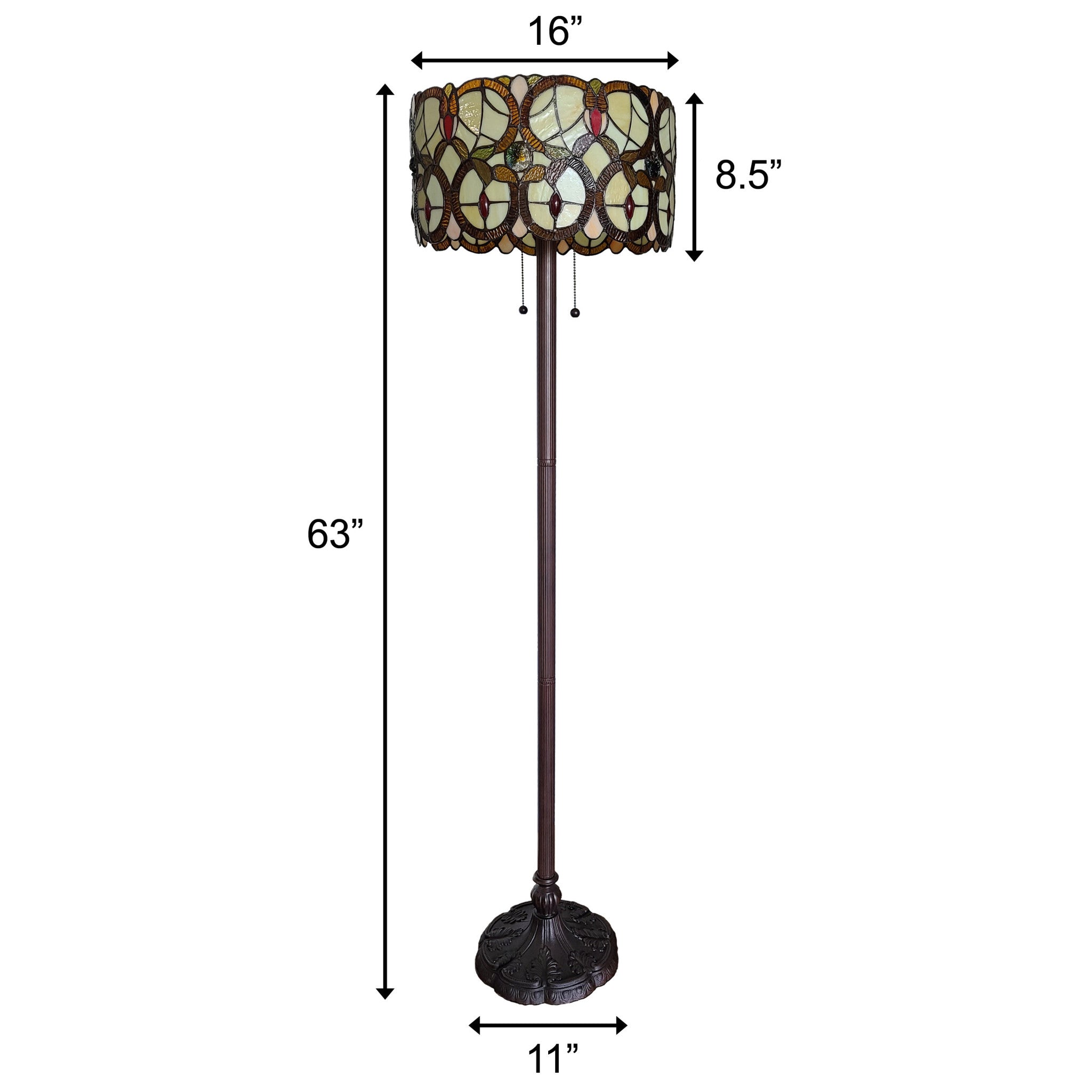 63" Beige Metal Two Light Torchiere Floor Lamp With Red And White Flowers Glass Drum Shade