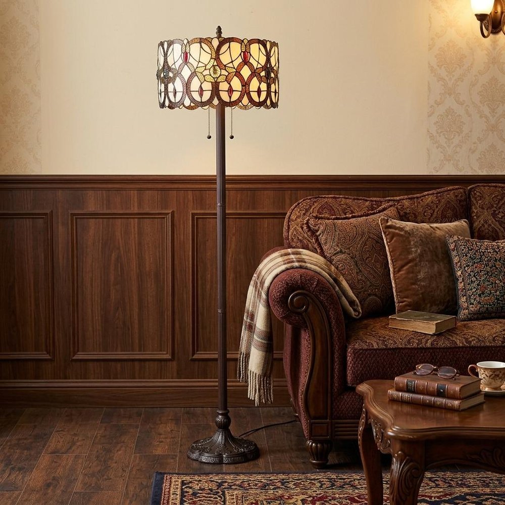 63" Beige Metal Two Light Torchiere Floor Lamp With Red And White Flowers Glass Drum Shade