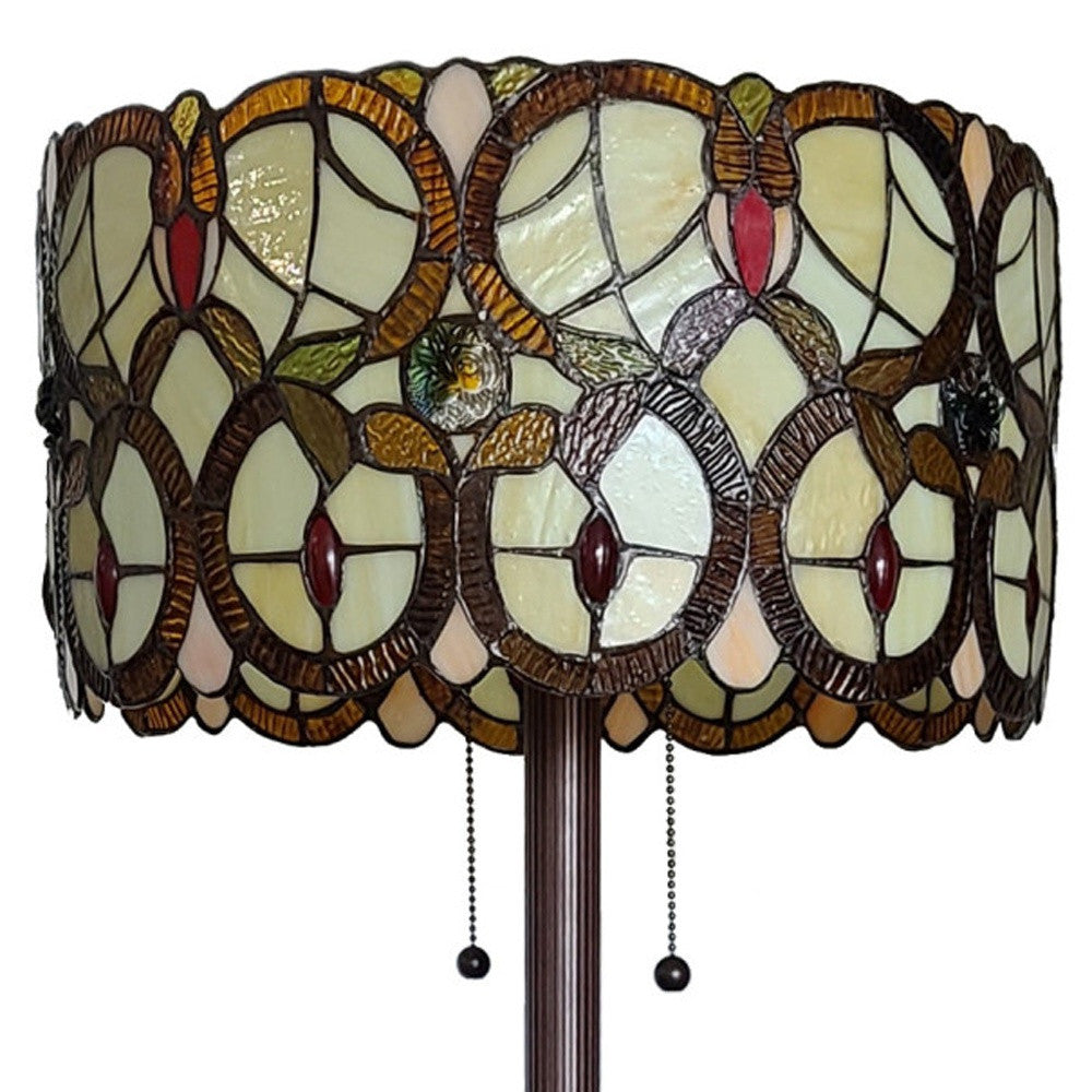 63" Beige Metal Two Light Torchiere Floor Lamp With Red And White Flowers Glass Drum Shade