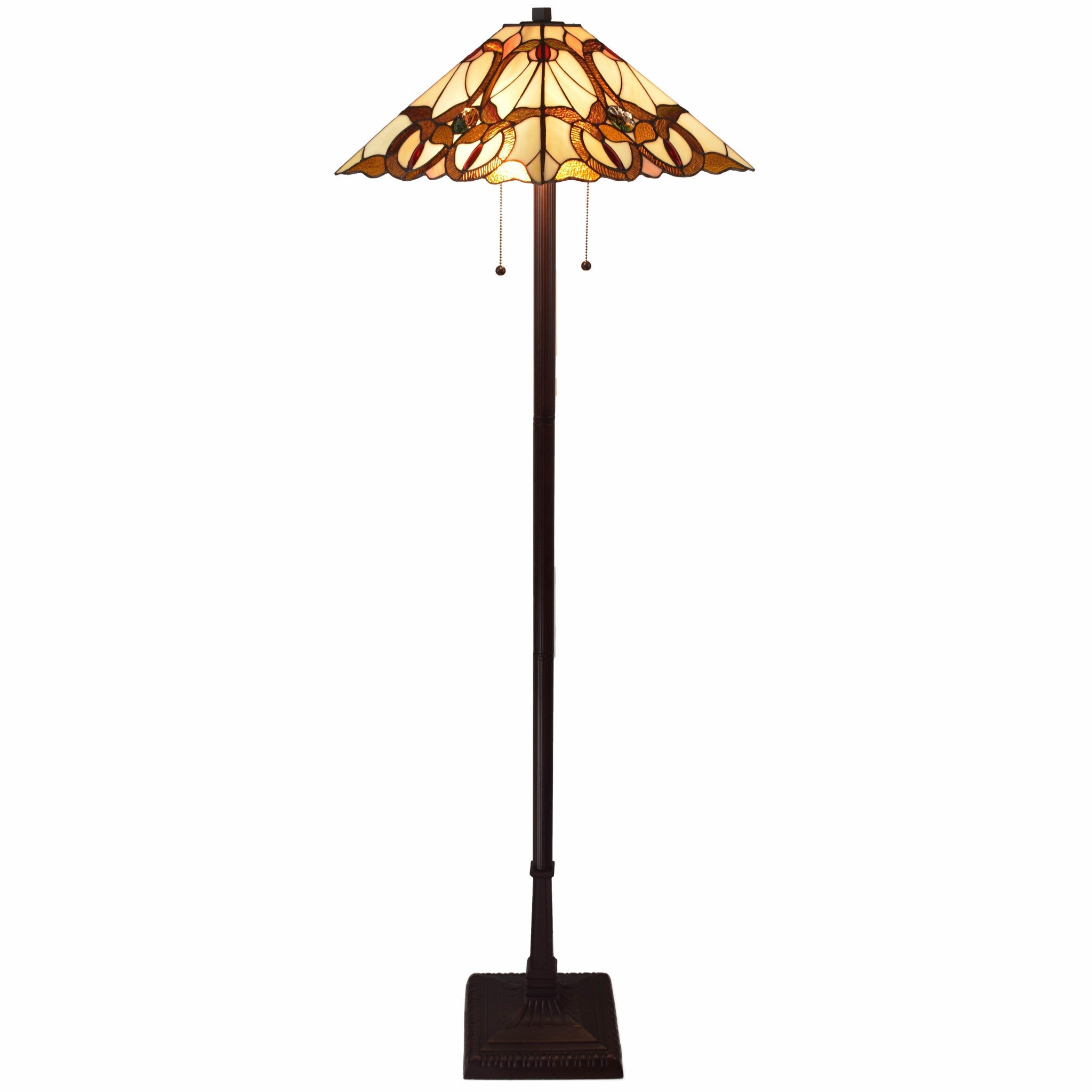 62" Beige Two Light Floor Lamp With Brown And White Glass Cone Shade