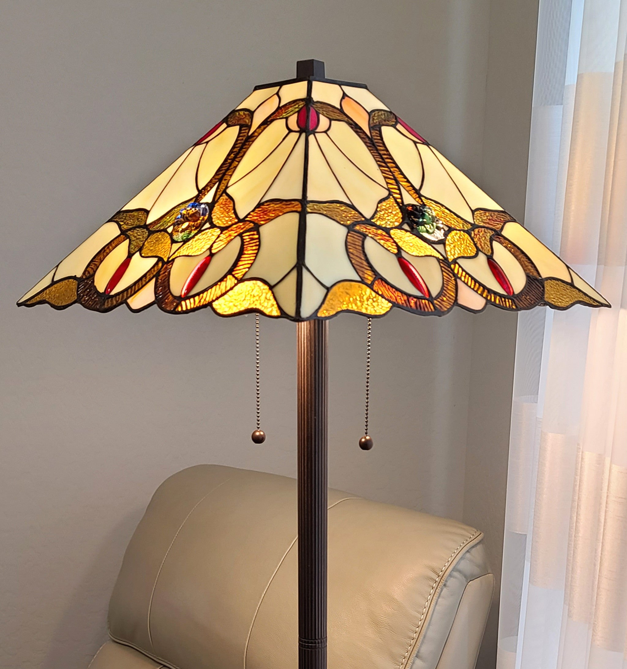 62" Beige Two Light Floor Lamp With Brown And White Glass Cone Shade