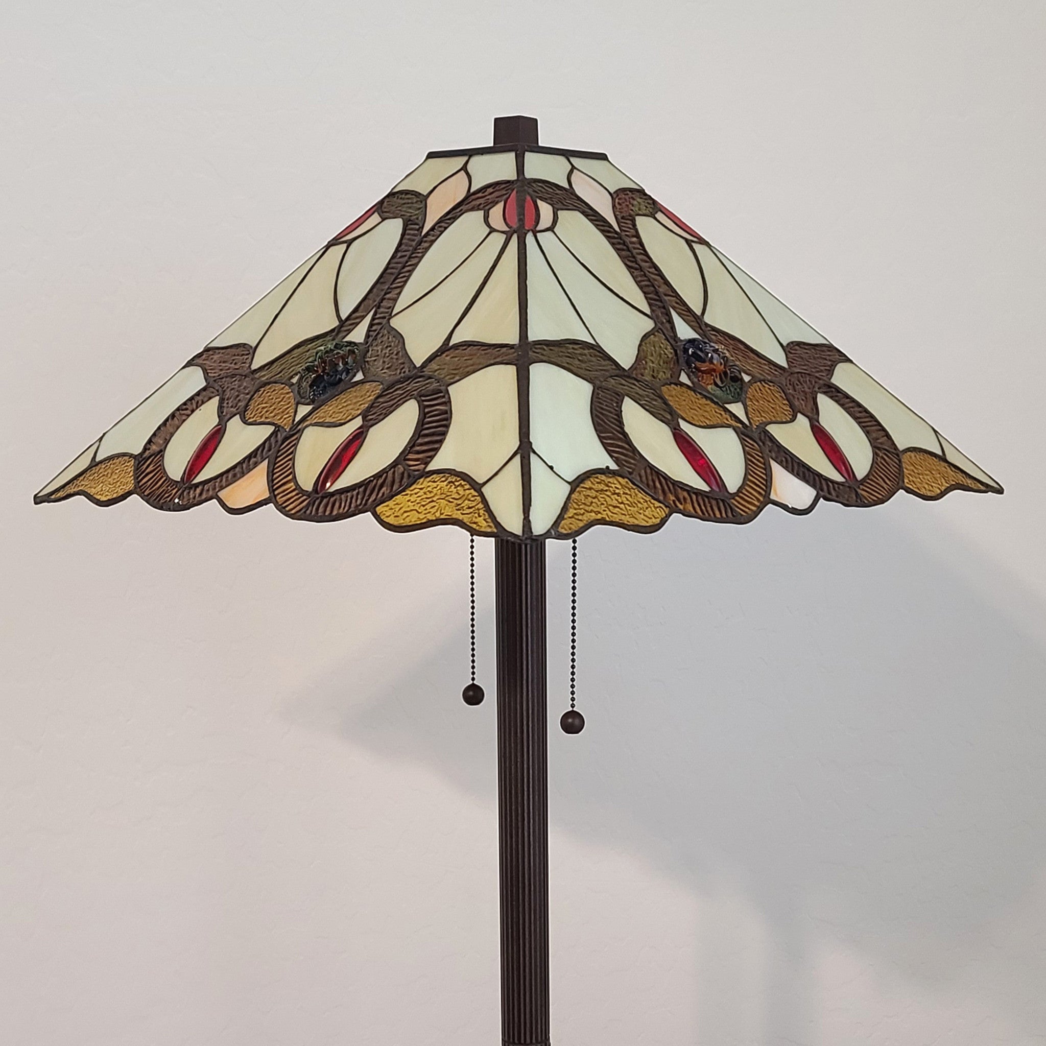 62" Brown Two Lights Traditional Shaped Floor Lamp With Brown And White Stained Glass Cone Shade