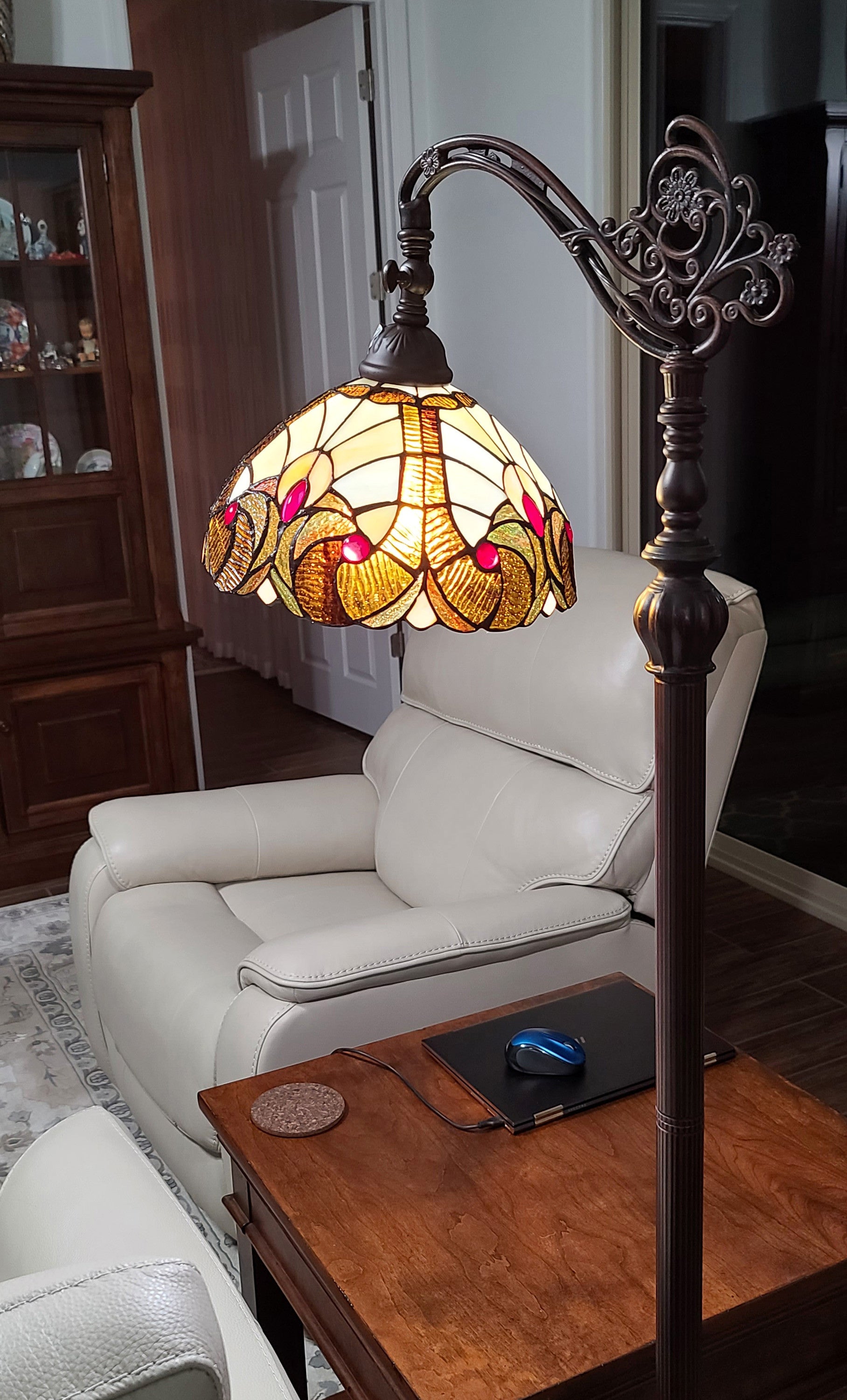 62" Beige Torchiere Floor Lamp With Brown And White Flowers Glass Dome Shade