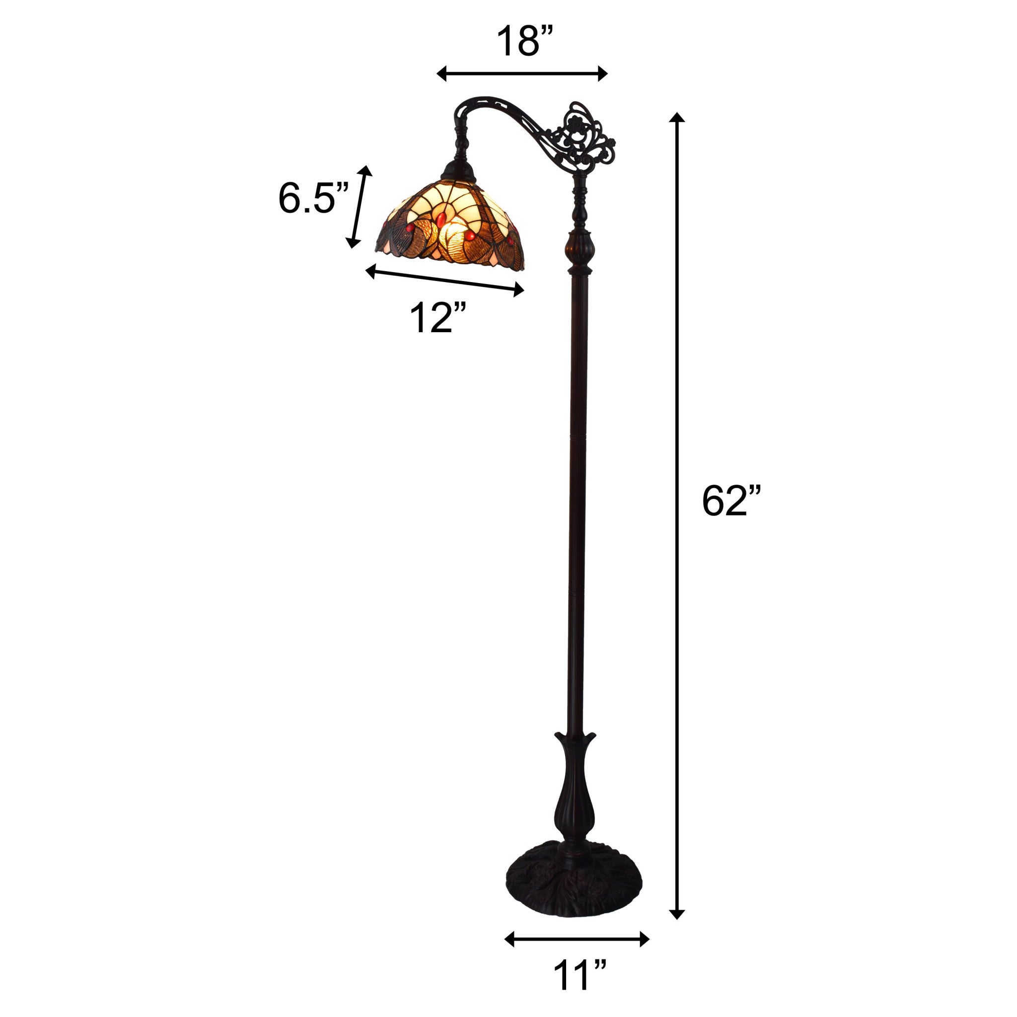 62" Beige Torchiere Floor Lamp With Brown And White Flowers Glass Dome Shade