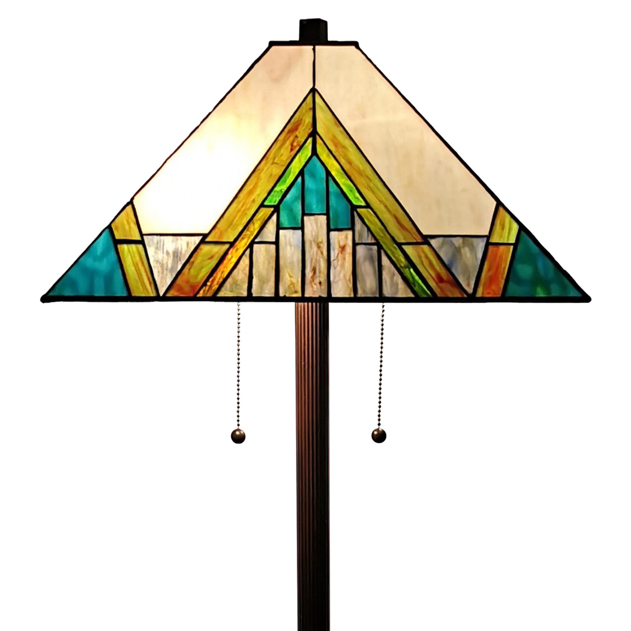 62" Brown Two Light Traditional Shaped Floor Lamp With Beige Green And Blue Geometric Stained Glass Empire Shade
