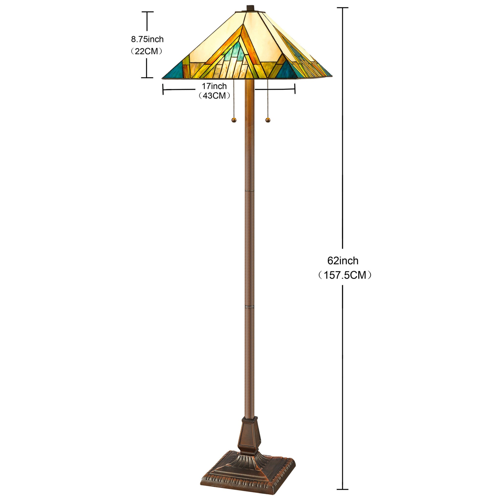 62" Espresso Two Light Torchiere Floor Lamp With Blue And Green Geometric Glass Empire Shade