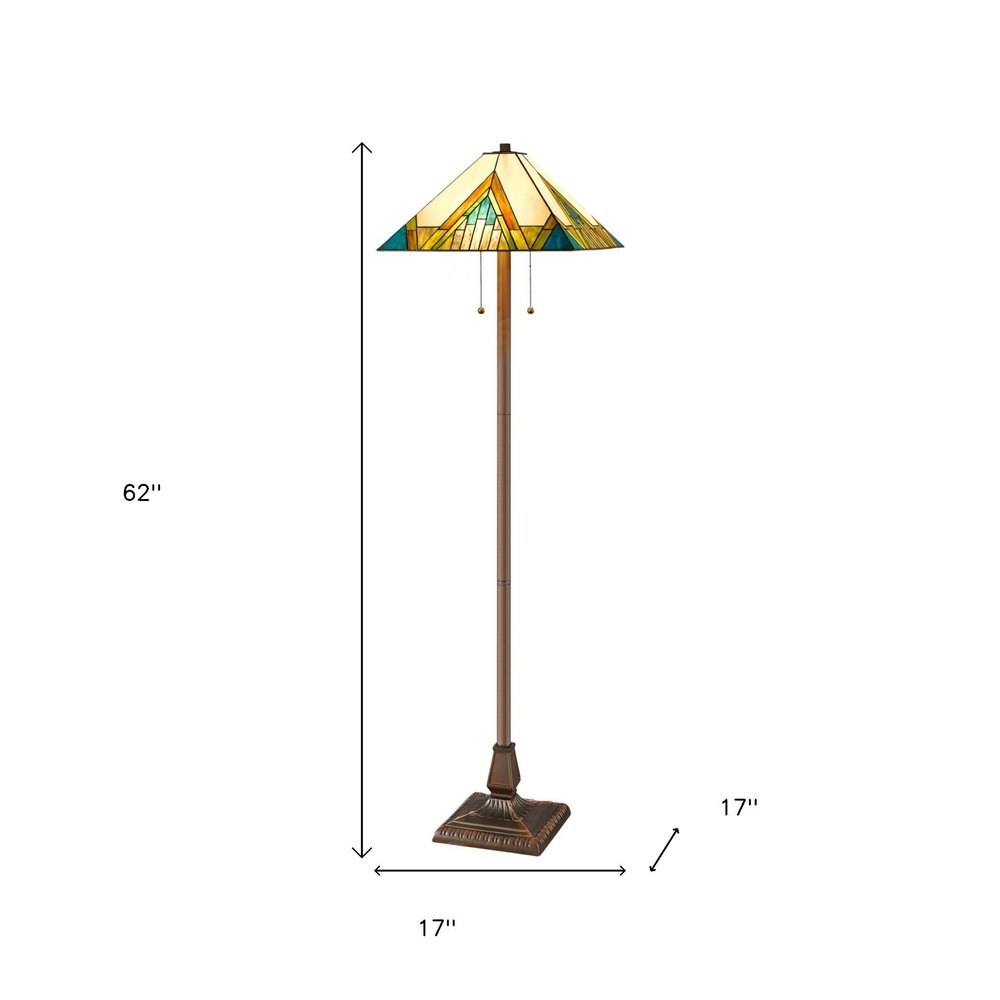 62" Two Light Tiffany Style Floor Lamp With Amber Blue And Green Stained Glass Shade