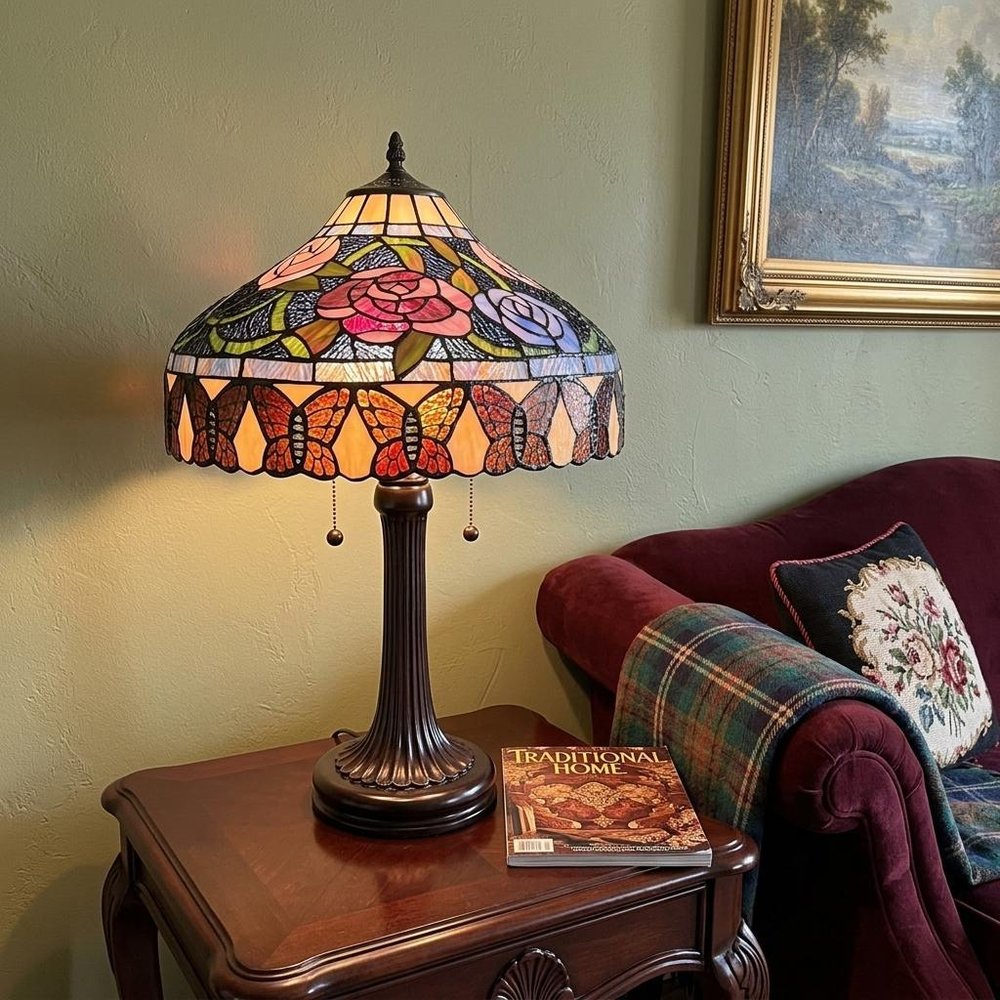 23" Dark Brown Metal Two Light Candlestick Table Lamp With Red and Black Shade