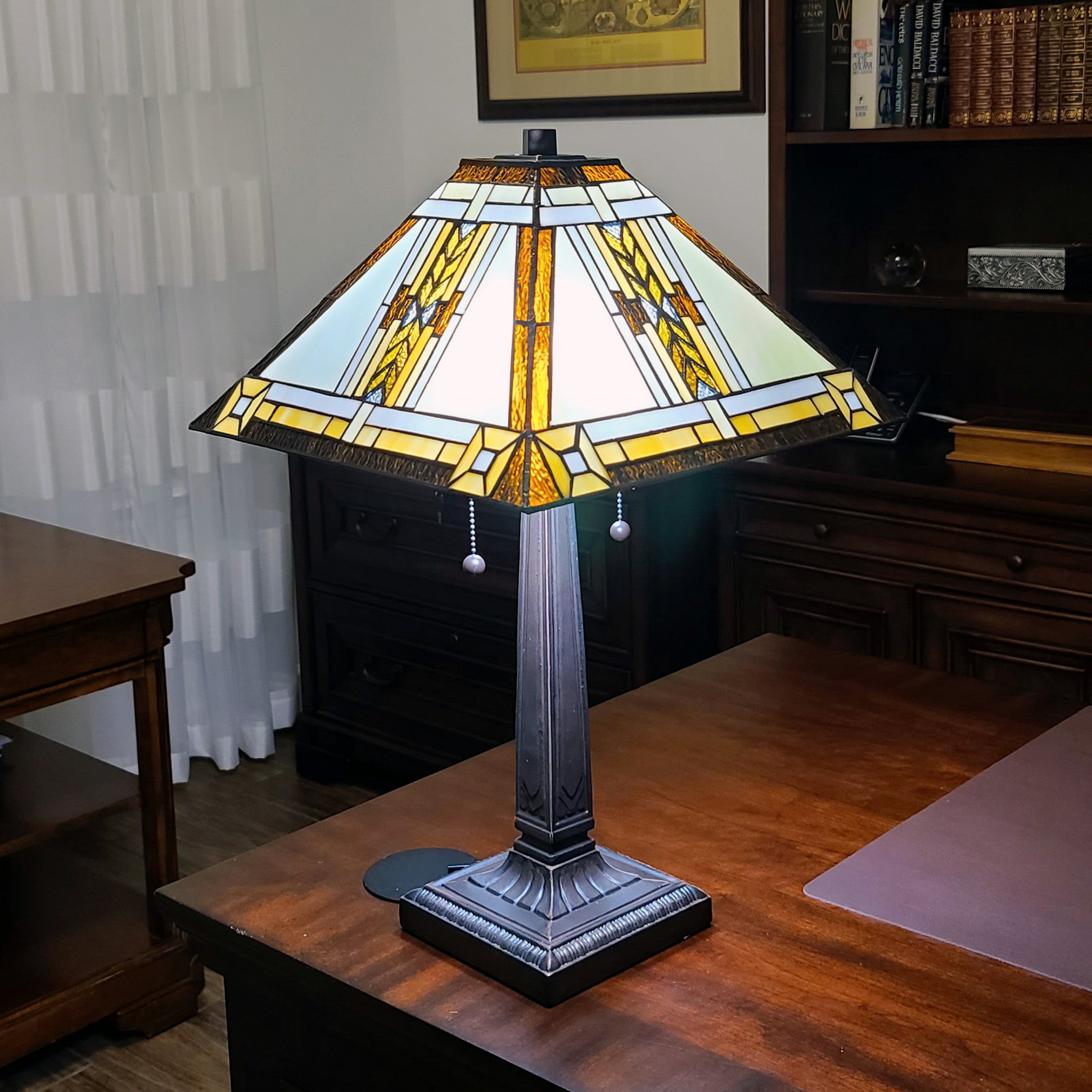 22" Dark Brown Metal Two Light Candlestick Table Lamp With Beige Shade