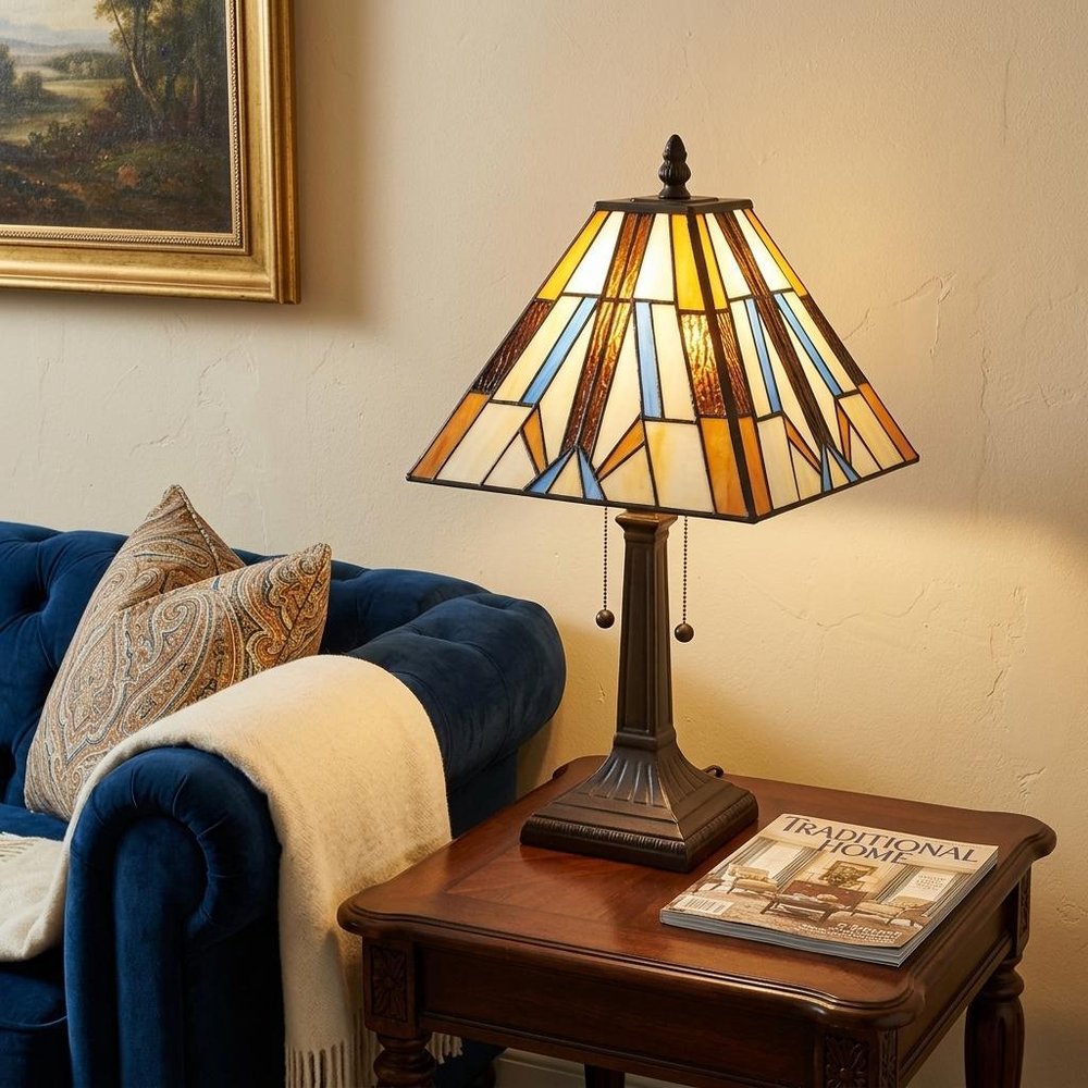 15" Dark Brown Metal Candlestick Table Lamp With Orange and Ivory Empire Shade