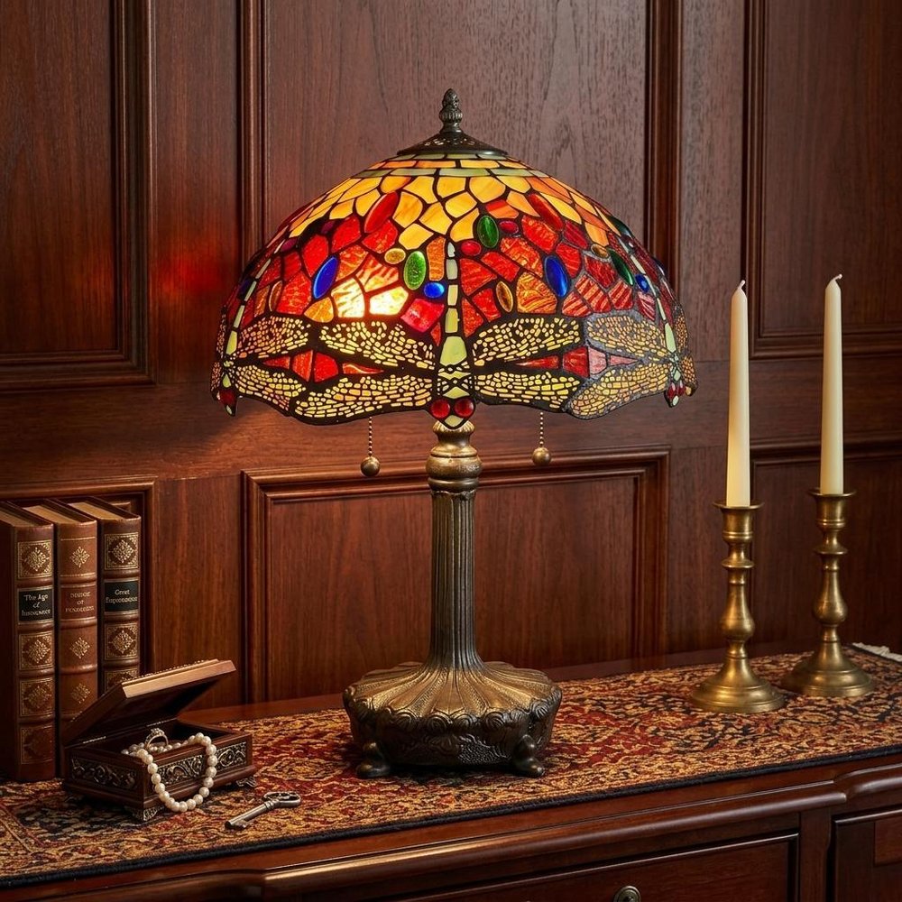 22" Dark Brown Metal Two Light Candlestick Table Lamp With Red and Black Shade
