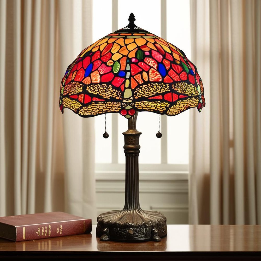 22" Dark Brown Metal Two Light Candlestick Table Lamp With Red and Black Shade