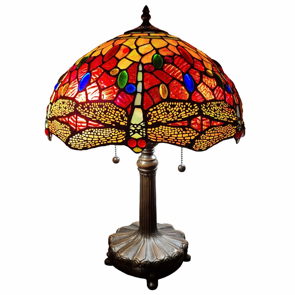 22" Dark Brown Metal Two Light Candlestick Table Lamp With Red and Black Shade