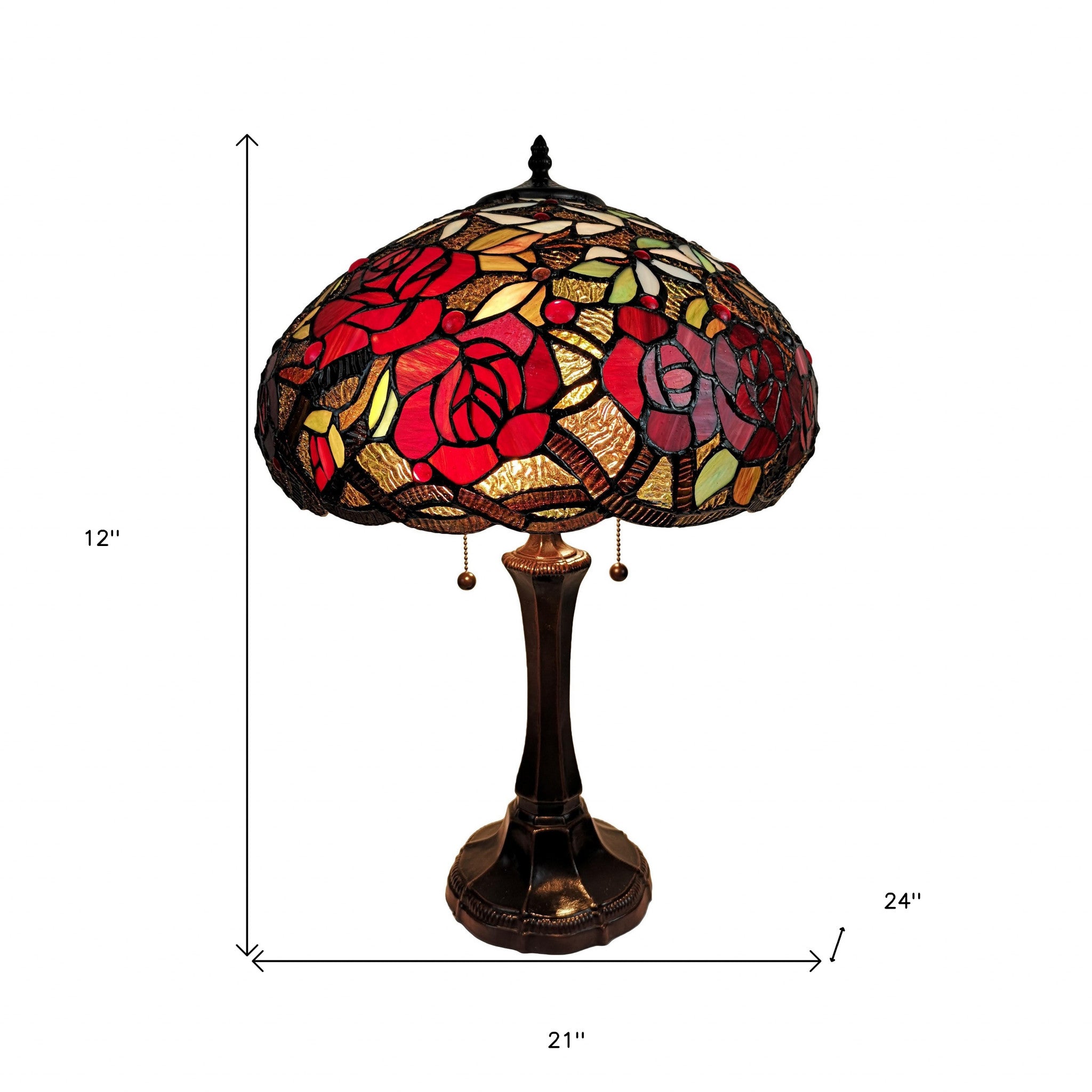 24" Dark Brown Metal Two Light Candlestick Table Lamp With Red Dome Shade