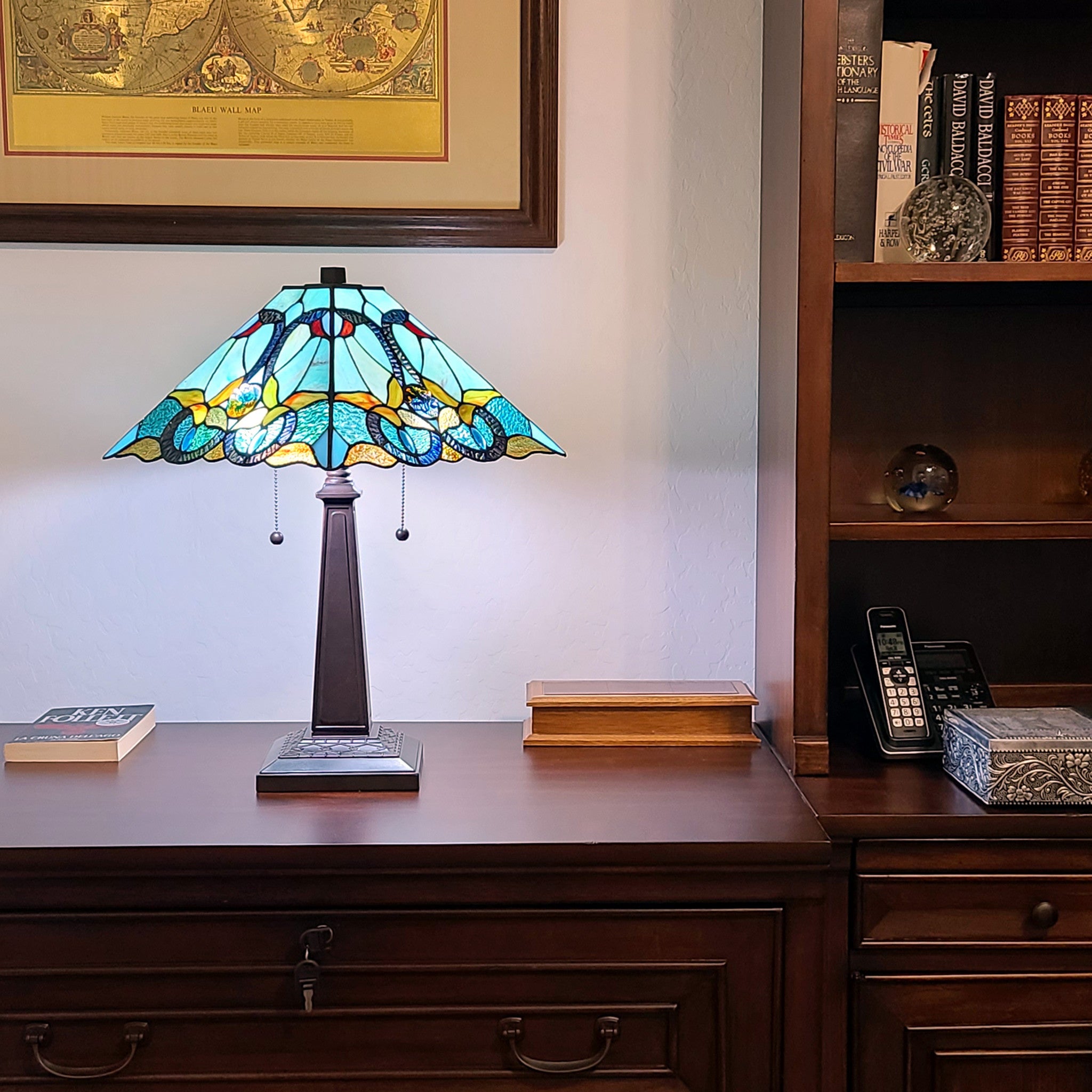 23" Dark Brown Metal Two Light Table Lamp With Blue and Green Cone Shade