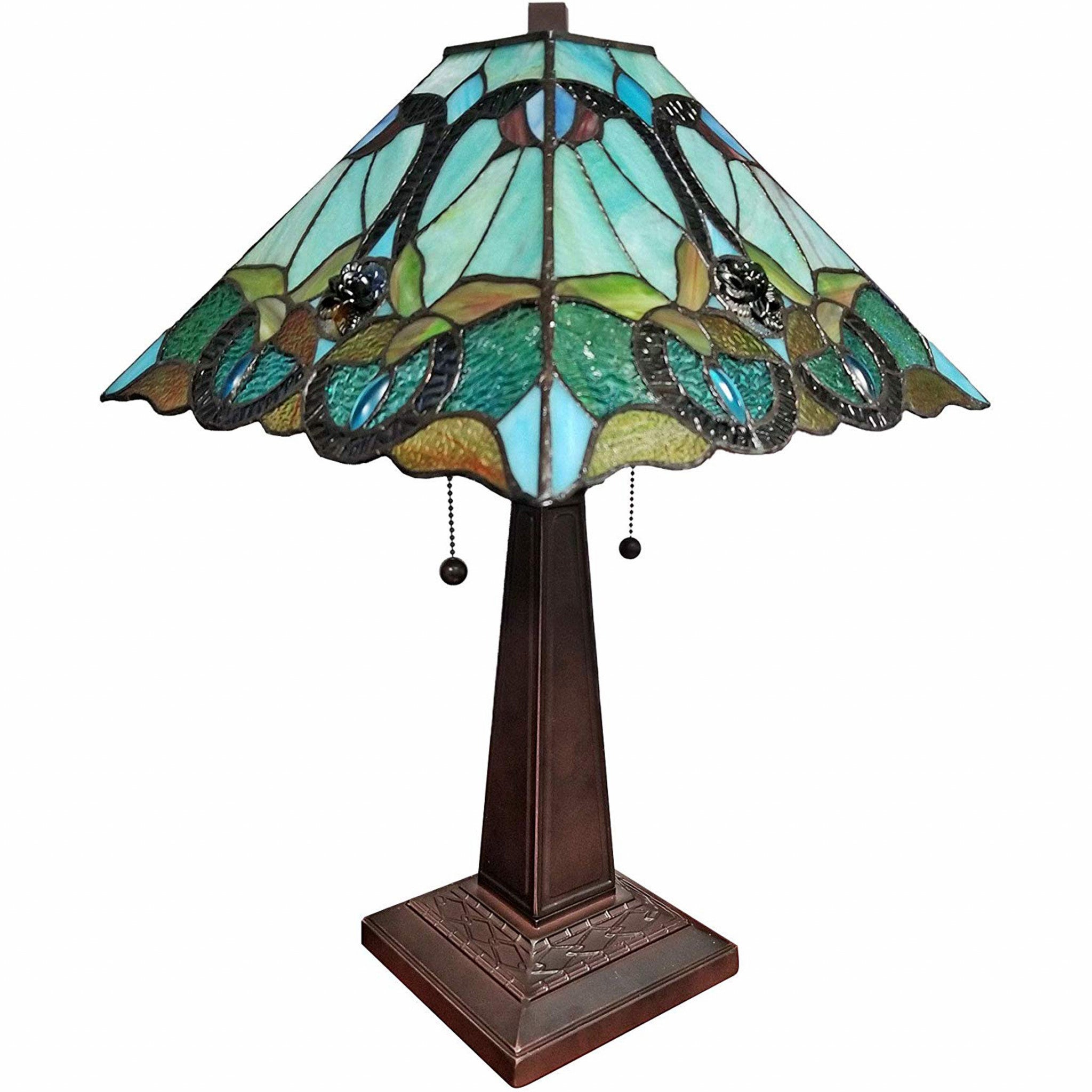 22" Dark Brown Metal Two Light Candlestick Table Lamp With Green Shade