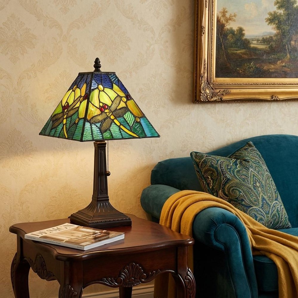15" Dark Brown Metal Candlestick Table Lamp With Green Empire Shade