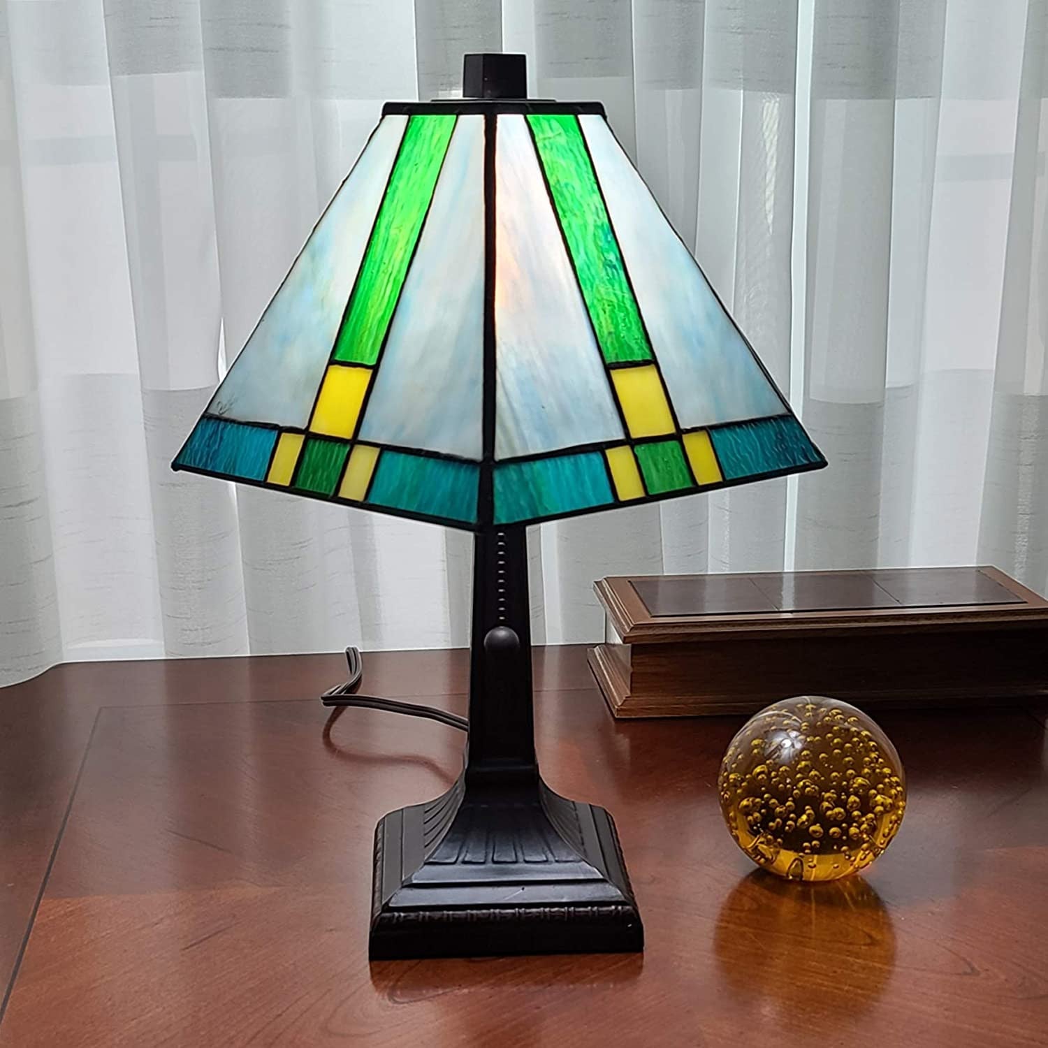 15" Dark Brown Metal Candlestick Table Lamp With Green Shade