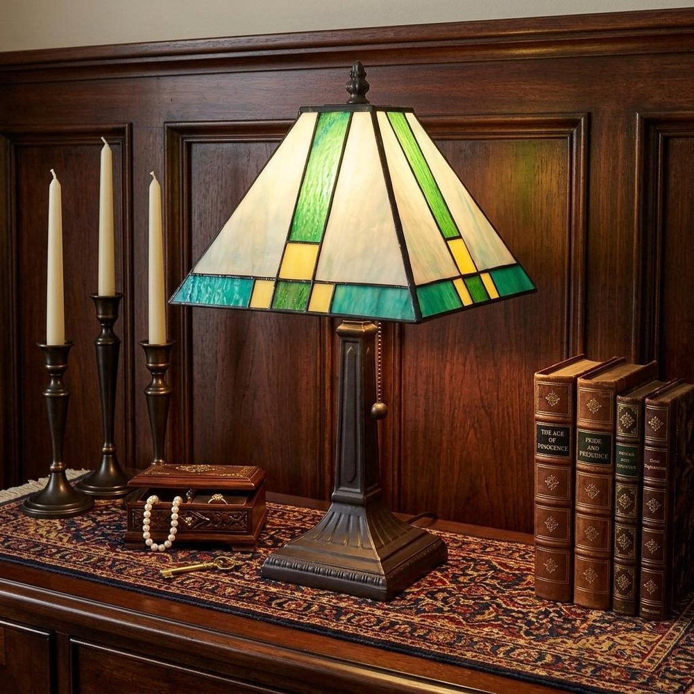 15" Dark Brown Metal Candlestick Table Lamp With Green Shade