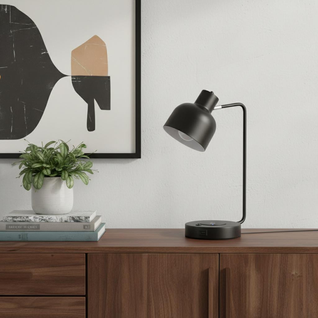 15" Black Metal Desk USB Table Lamp With Black Shade