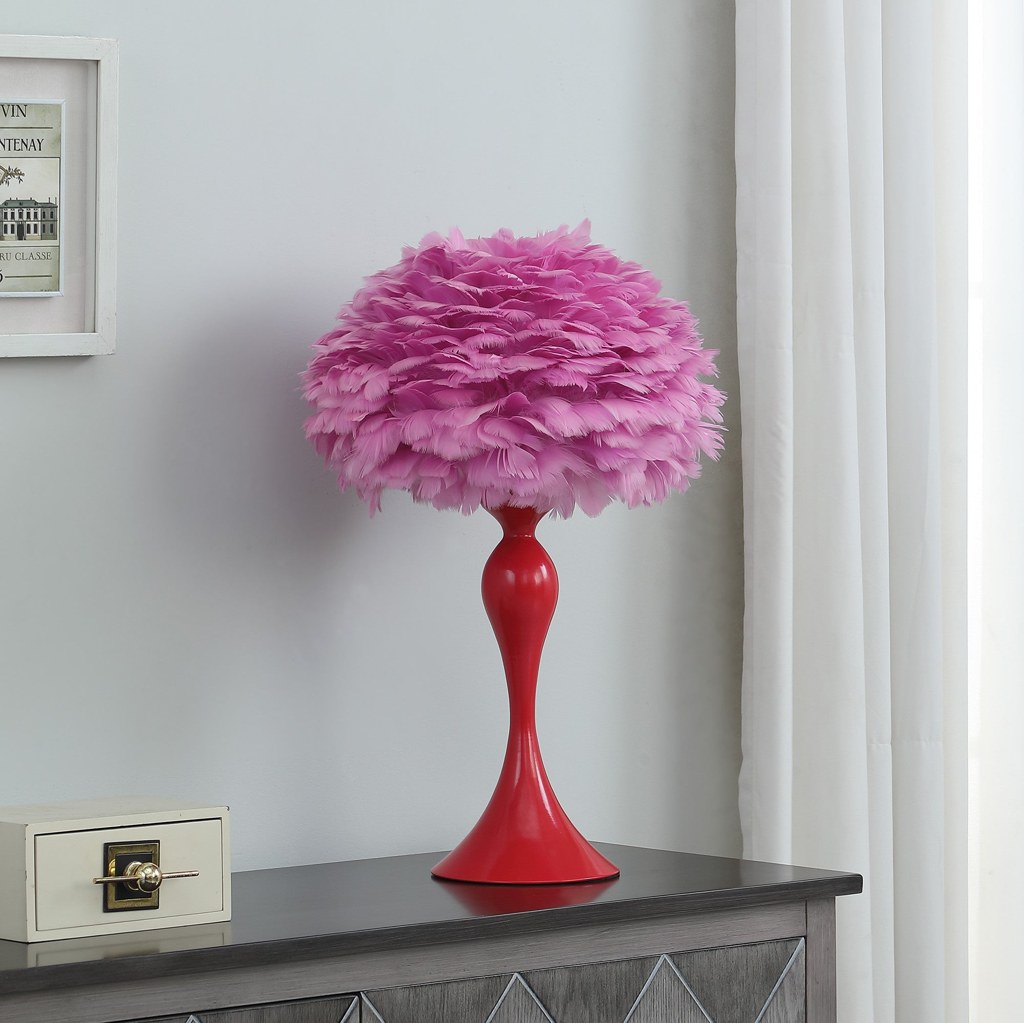 24" Glam Hot Pink Feather and Red Table Lamp