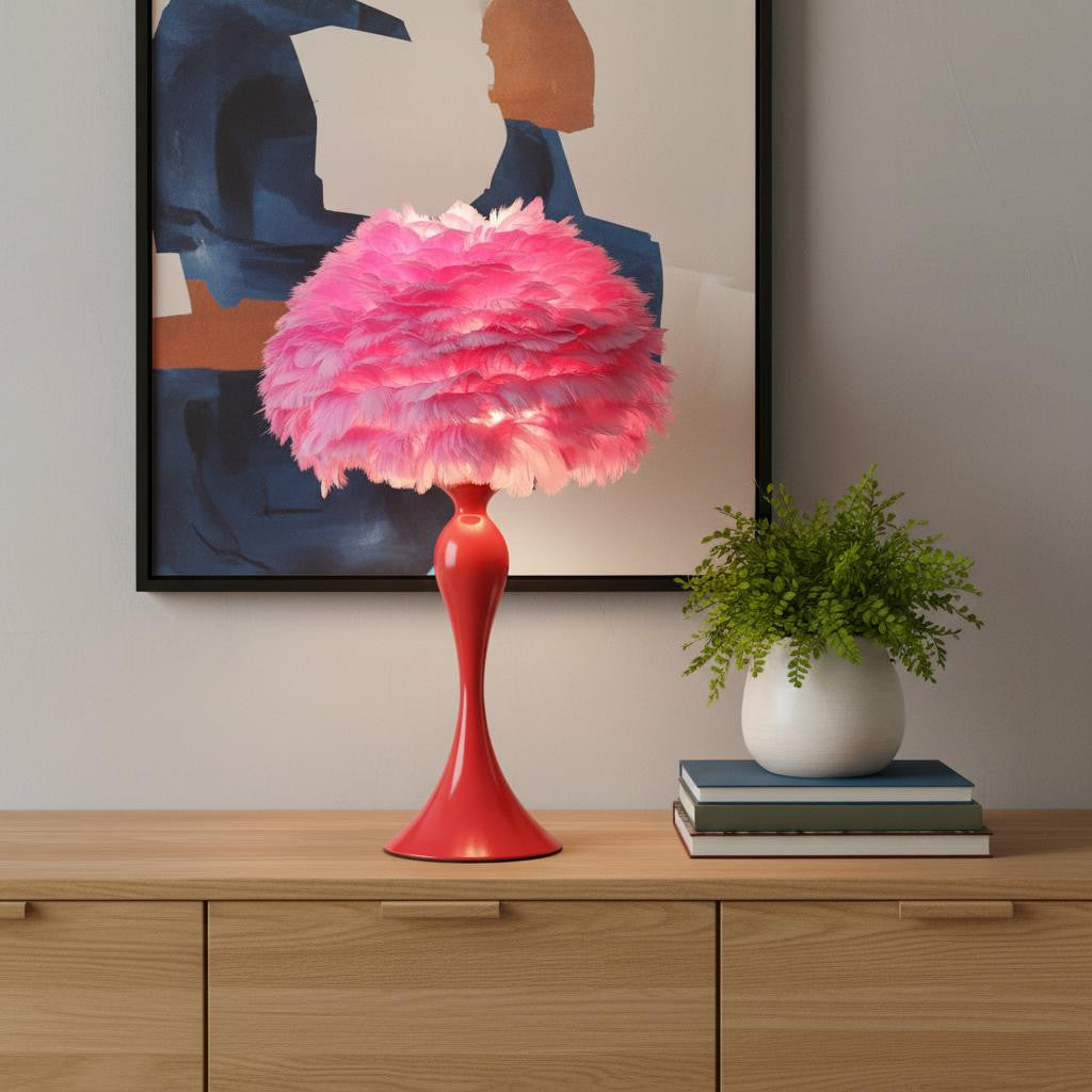 24" Glam Hot Pink Feather and Red Table Lamp