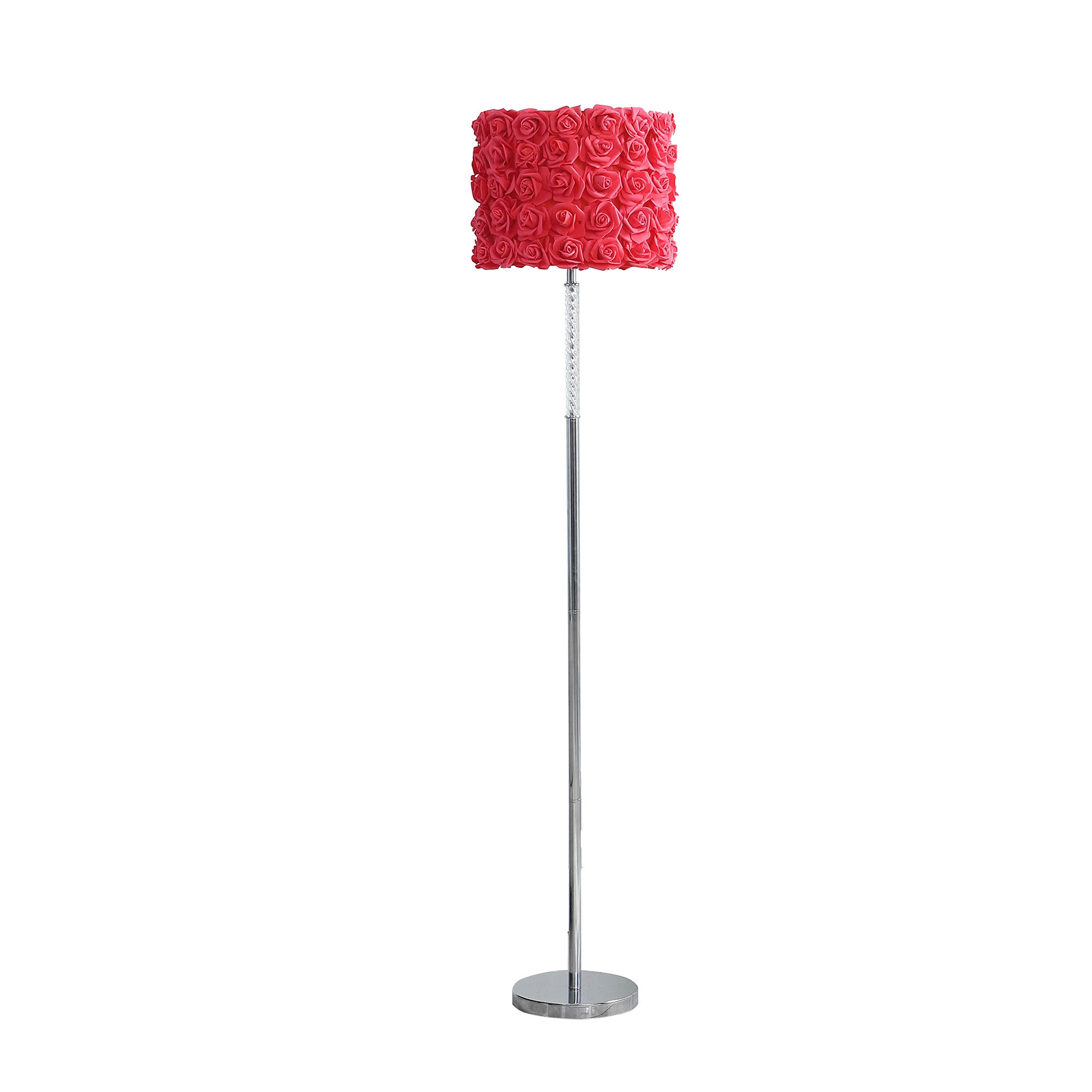 63" Steel and Acrylic Floor Lamp With Red Flowers Fabric Drum Shade