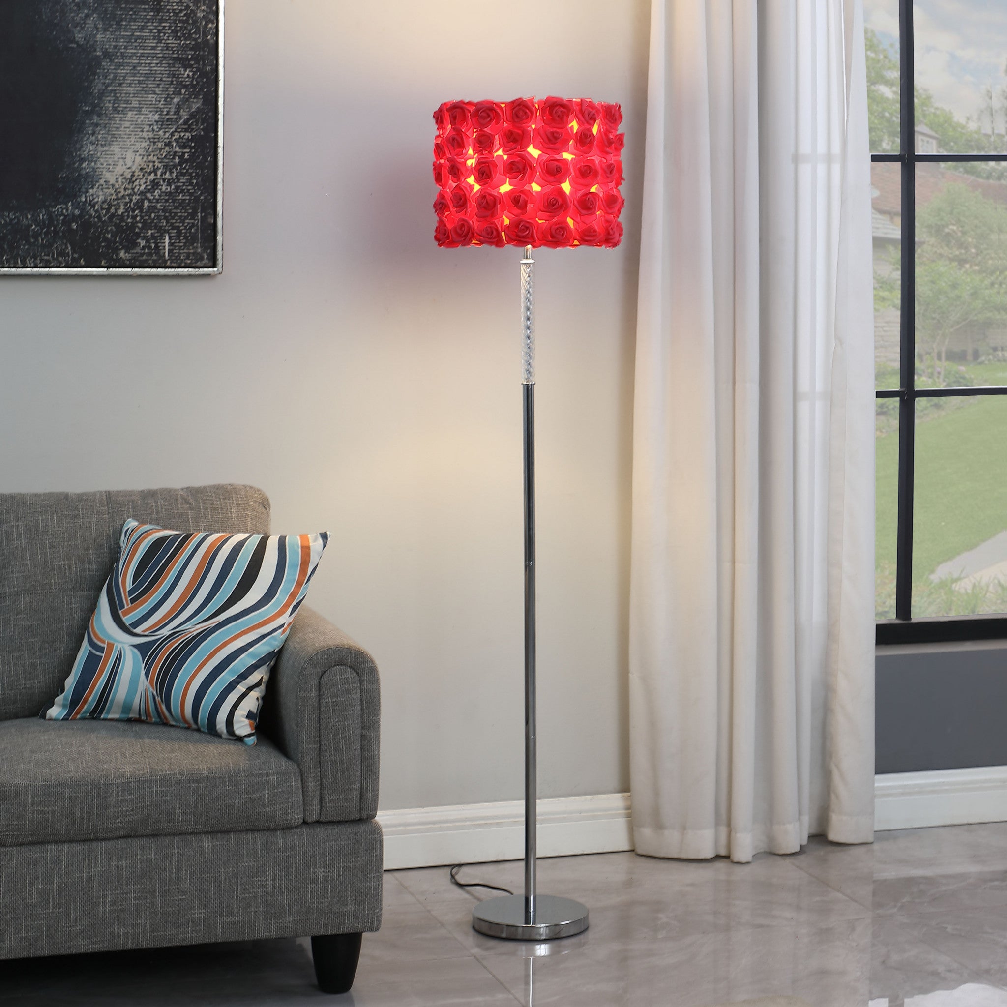63" Steel and Acrylic Floor Lamp With Red Flowers Fabric Drum Shade