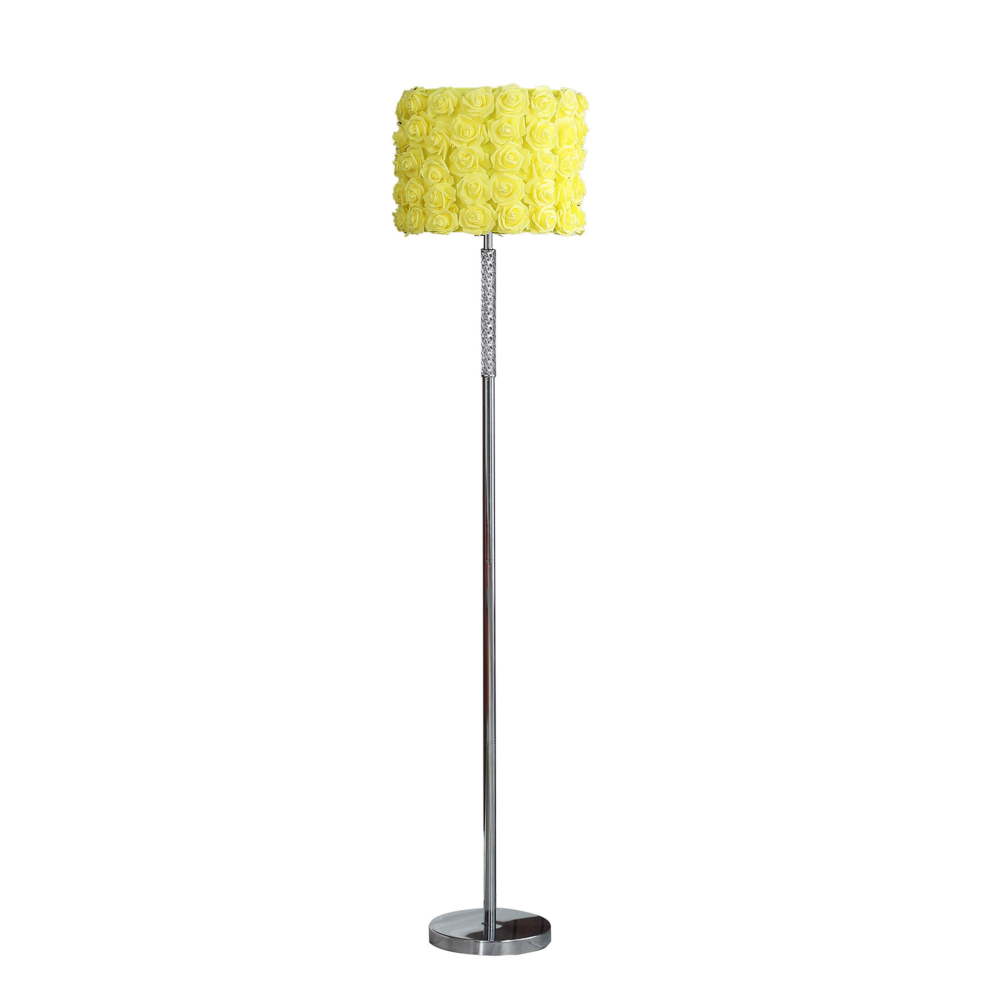 63" Steel and Acrylic Floor Lamp With Yellow Flowers Fabric Drum Shade