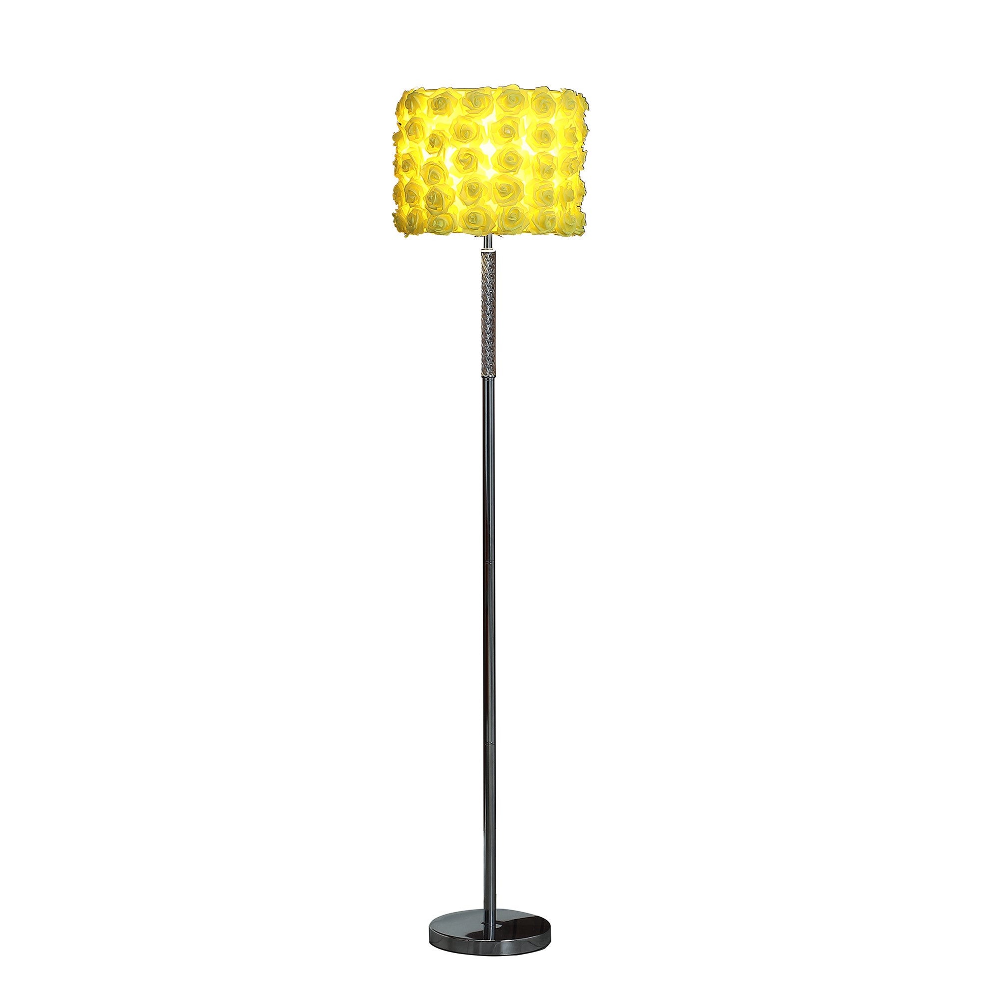 63" Steel and Acrylic Floor Lamp With Yellow Flowers Fabric Drum Shade