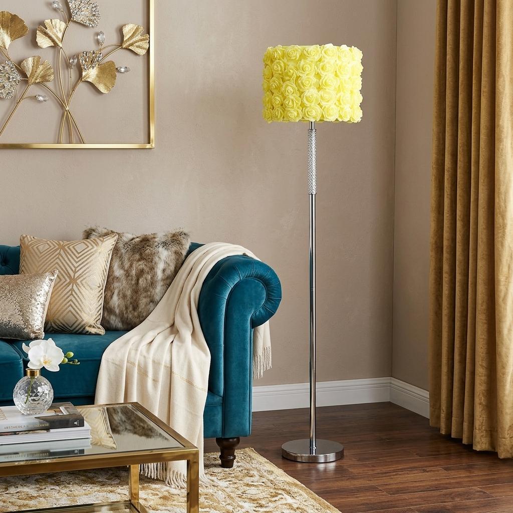 63" Steel and Acrylic Floor Lamp With Yellow Flowers Fabric Drum Shade