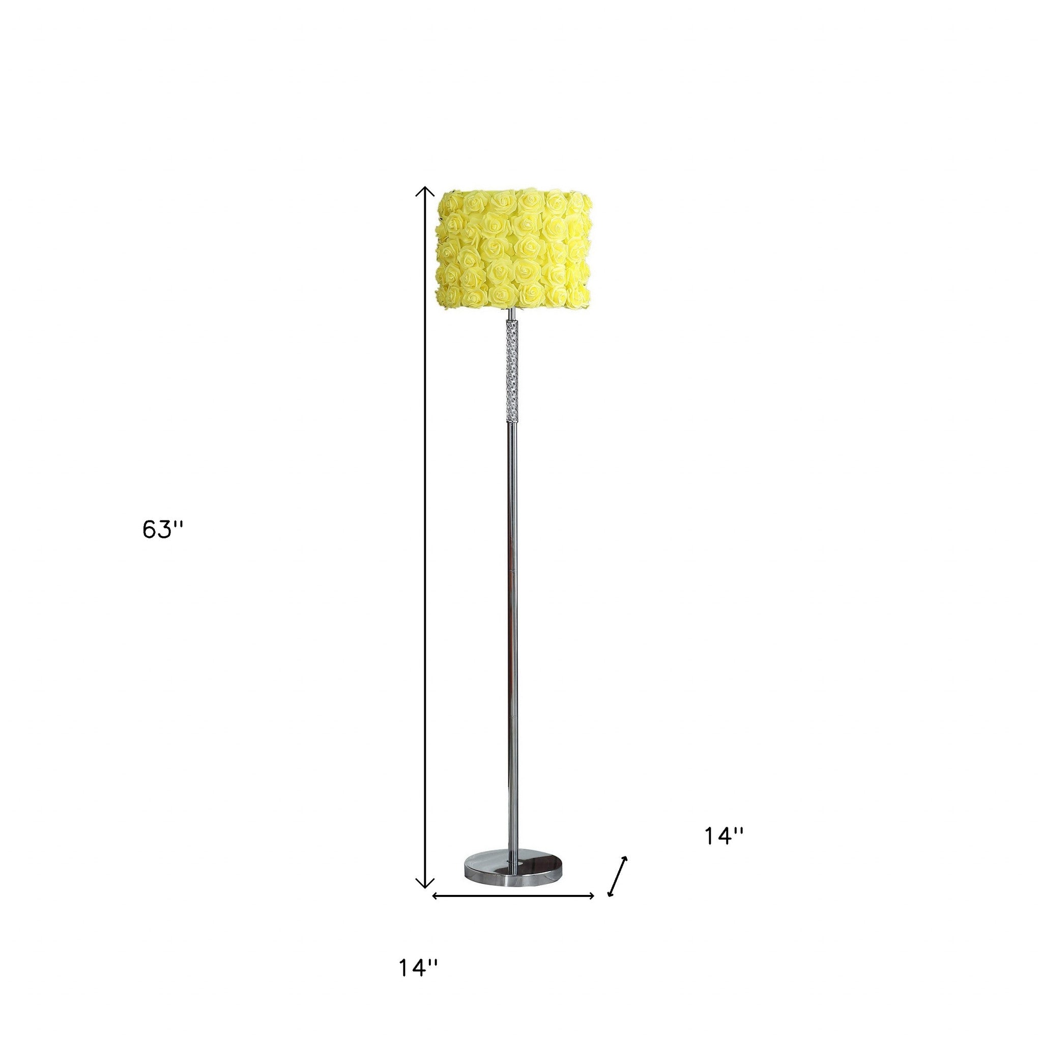 63" Steel and Acrylic Floor Lamp With Yellow Flowers Fabric Drum Shade