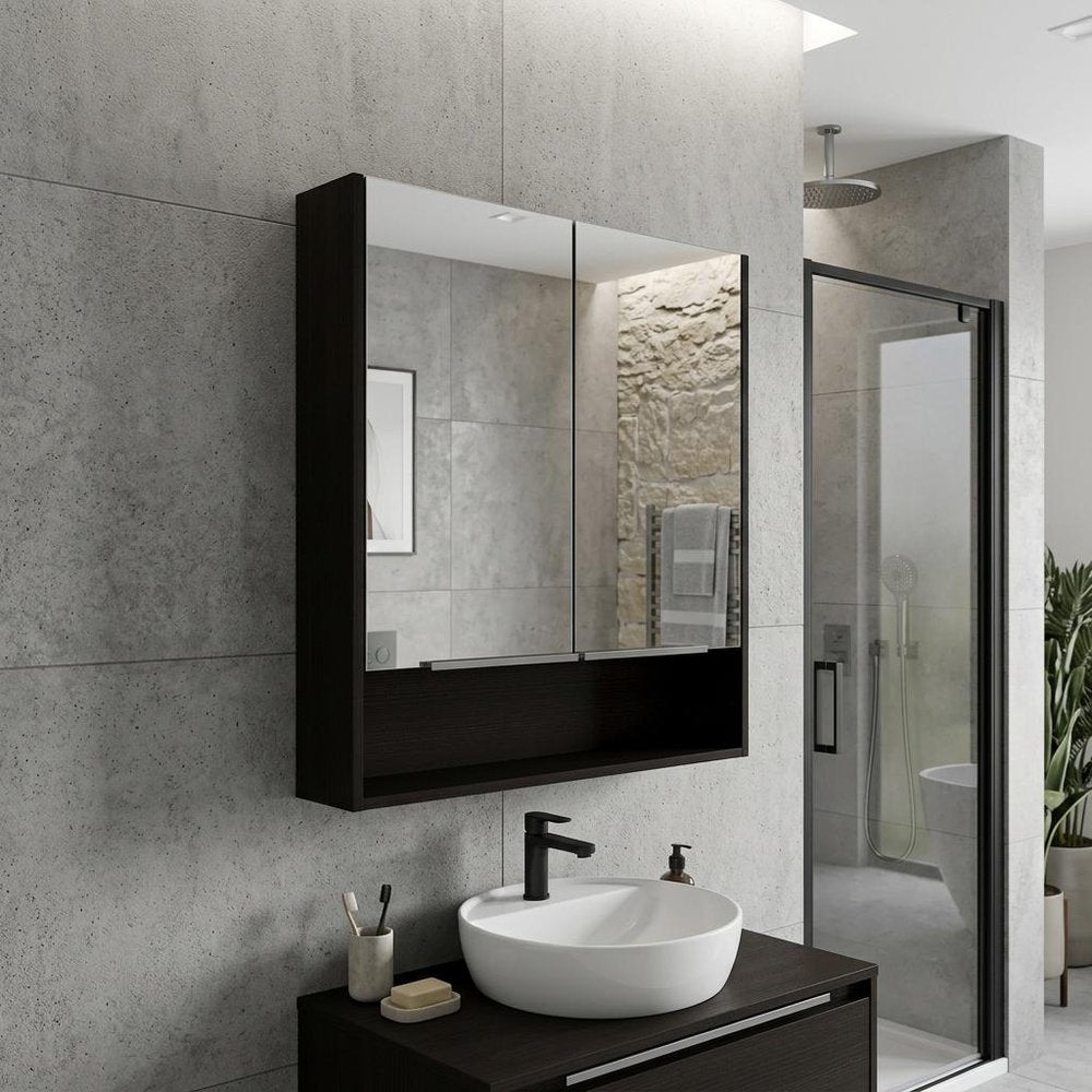 24" Black Wood Floating Double Door Bathroom Vanity And Medicine Cabinet With Mirror