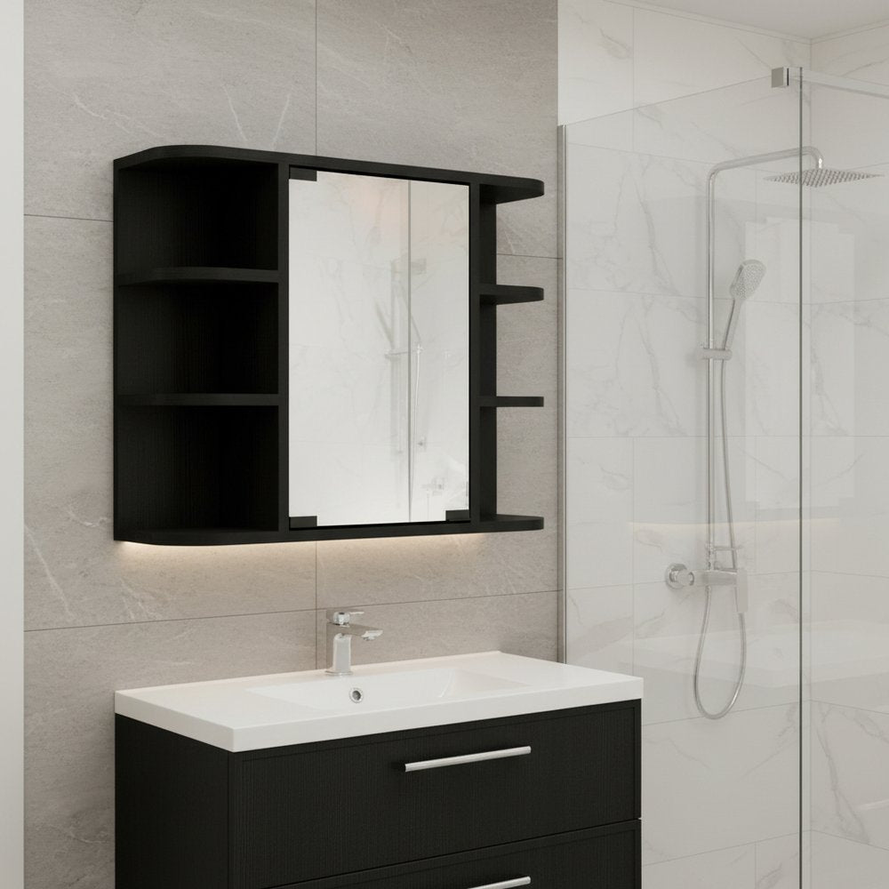24" Black Wood Floating Double Door Bathroom Vanity And Medicine Cabinet With Mirror