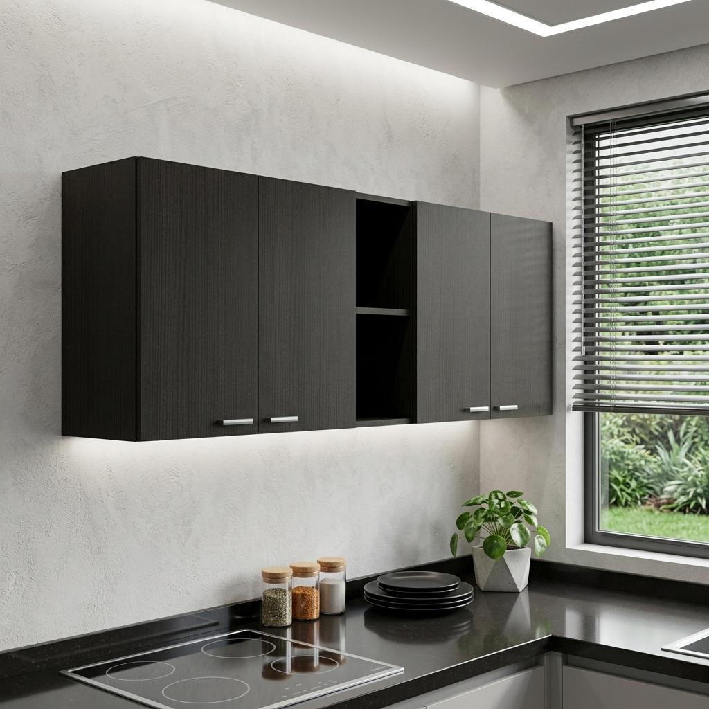 59" Black Wood Wall mounted Accent Cabinet With Five Shelves
