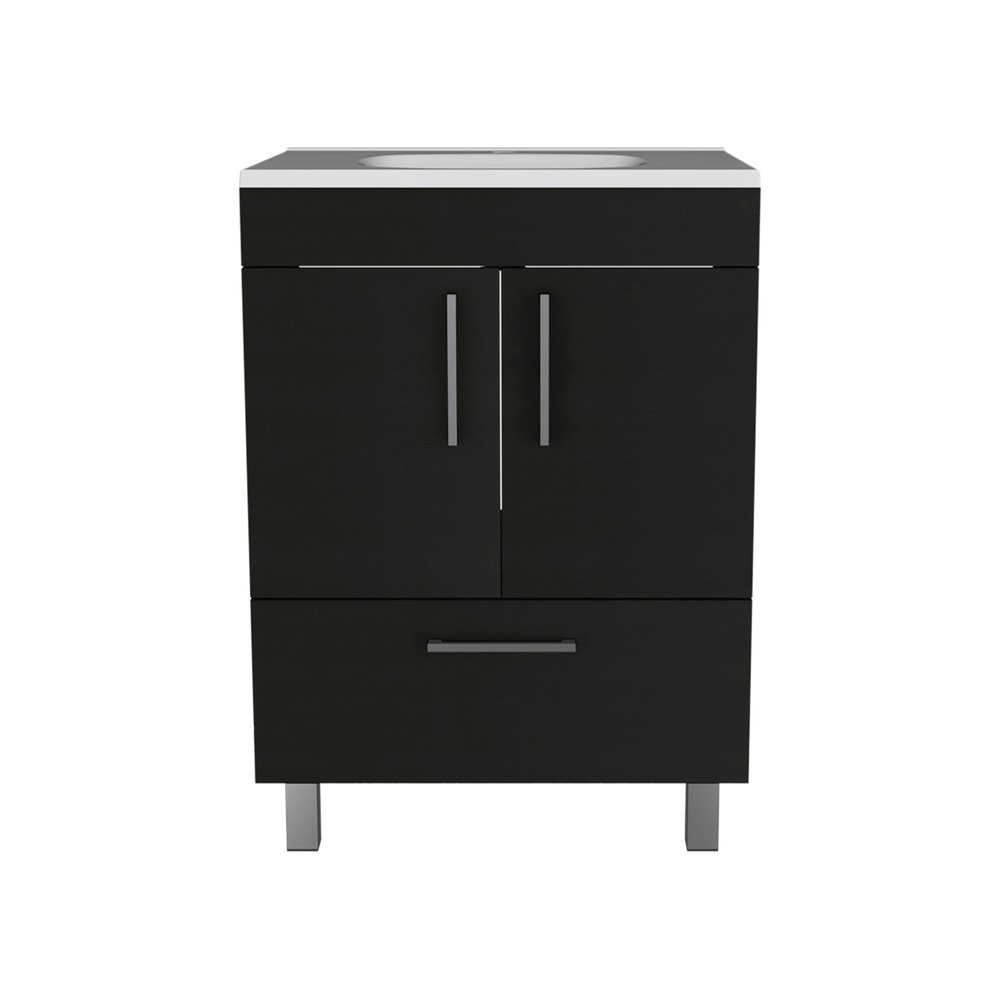 24" Black Wood Freestanding Bathroom Vanity With White Sink
