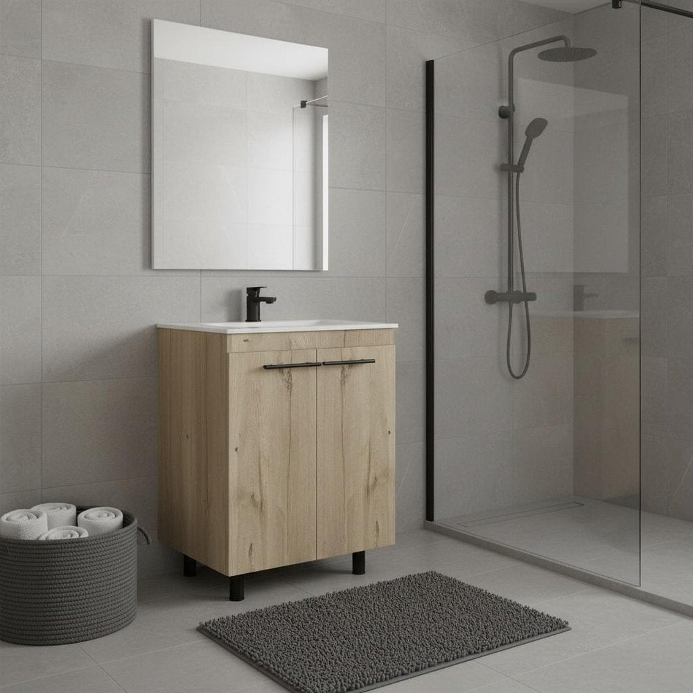24" Oak Wood Freestanding Double Door Bathroom Vanity With White Sink