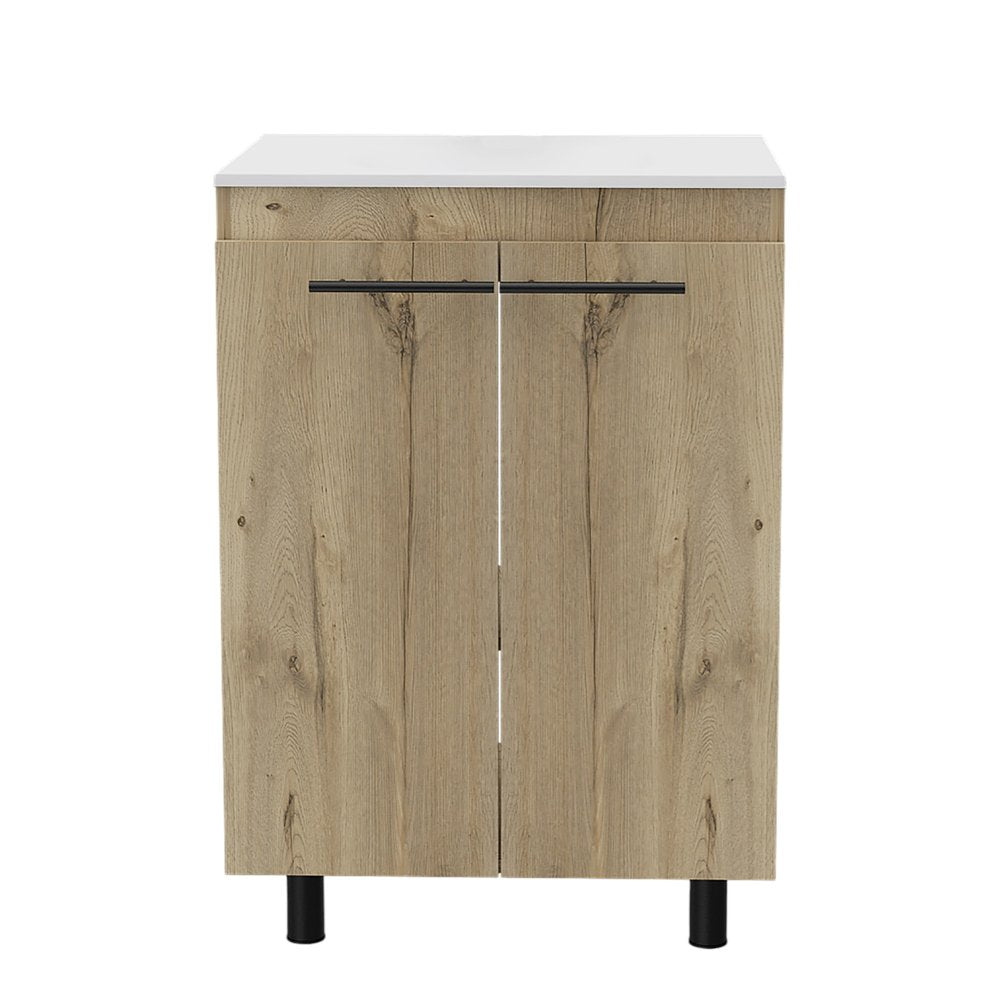24" Oak Wood Freestanding Double Door Bathroom Vanity With White Sink