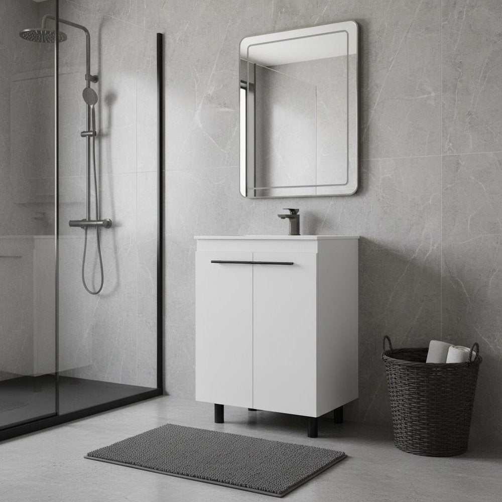 24" White Wood Freestanding Double Door Bathroom Vanity With Sink