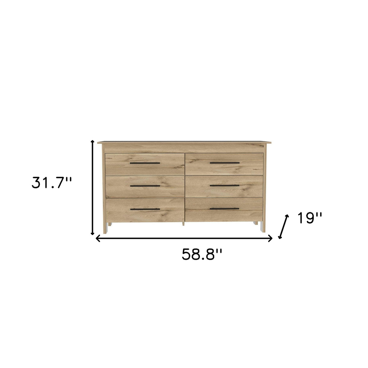 59" Natural And Black Wood Six Drawer Double Dresser