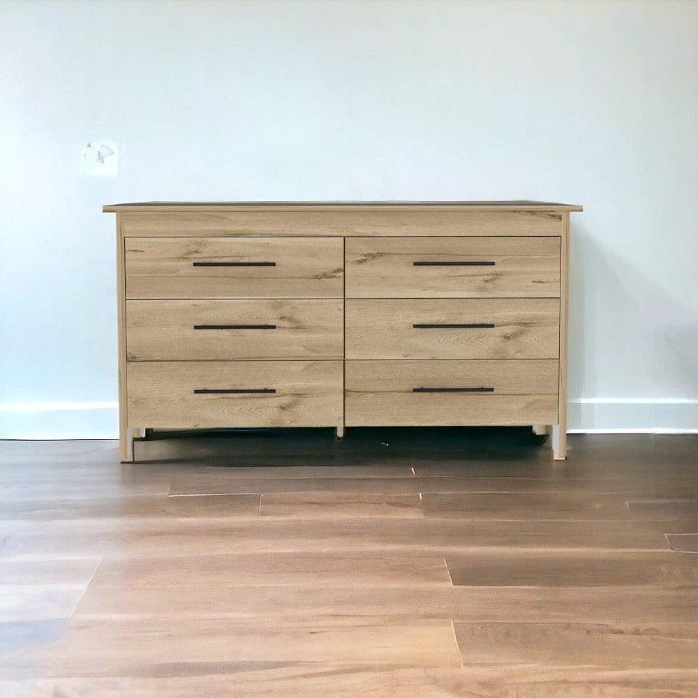 59" Natural and Black Six Drawer Double Dresser