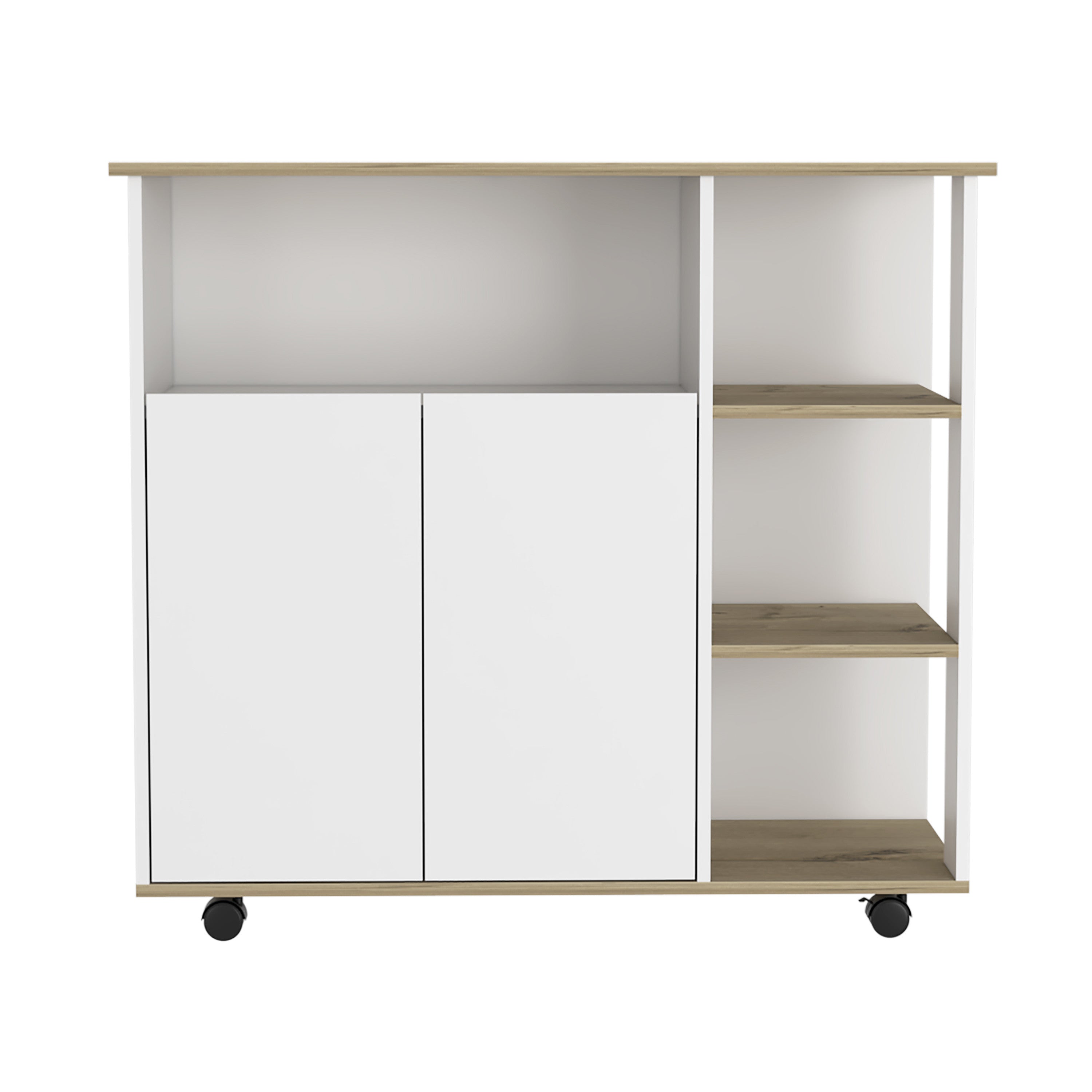 39" Oak and White Wood Rolling Kitchen Island With Storage