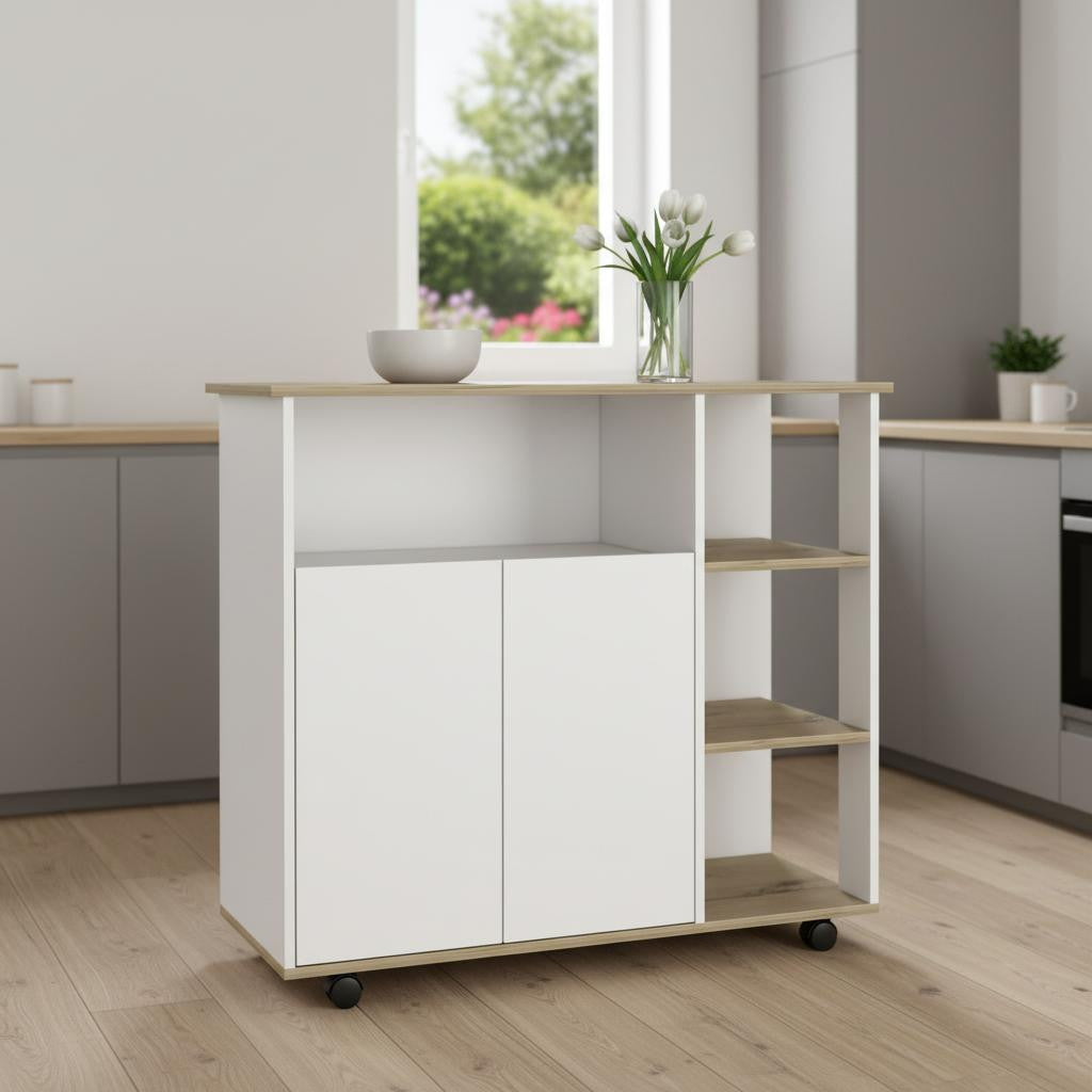 39" Oak and White Wood Rolling Kitchen Island With Storage
