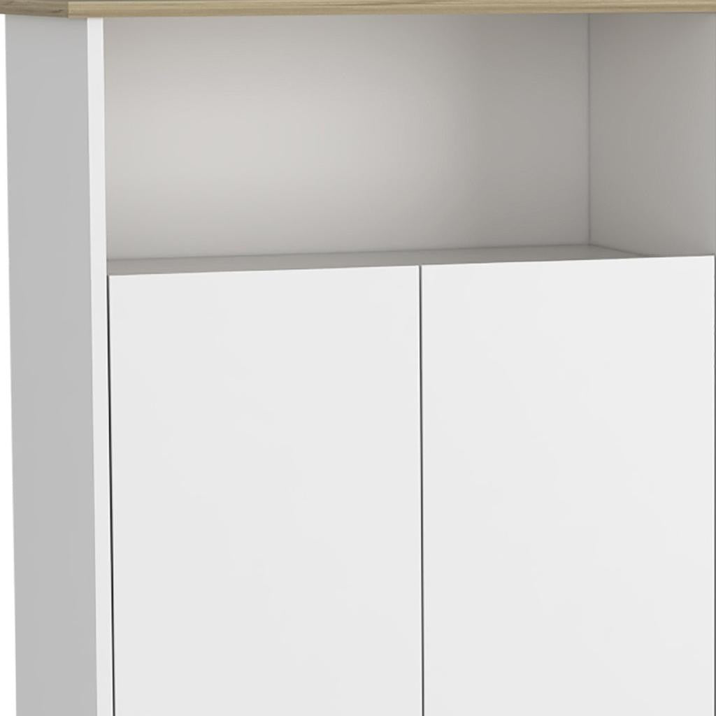 39" Oak and White Wood Rolling Kitchen Island With Storage