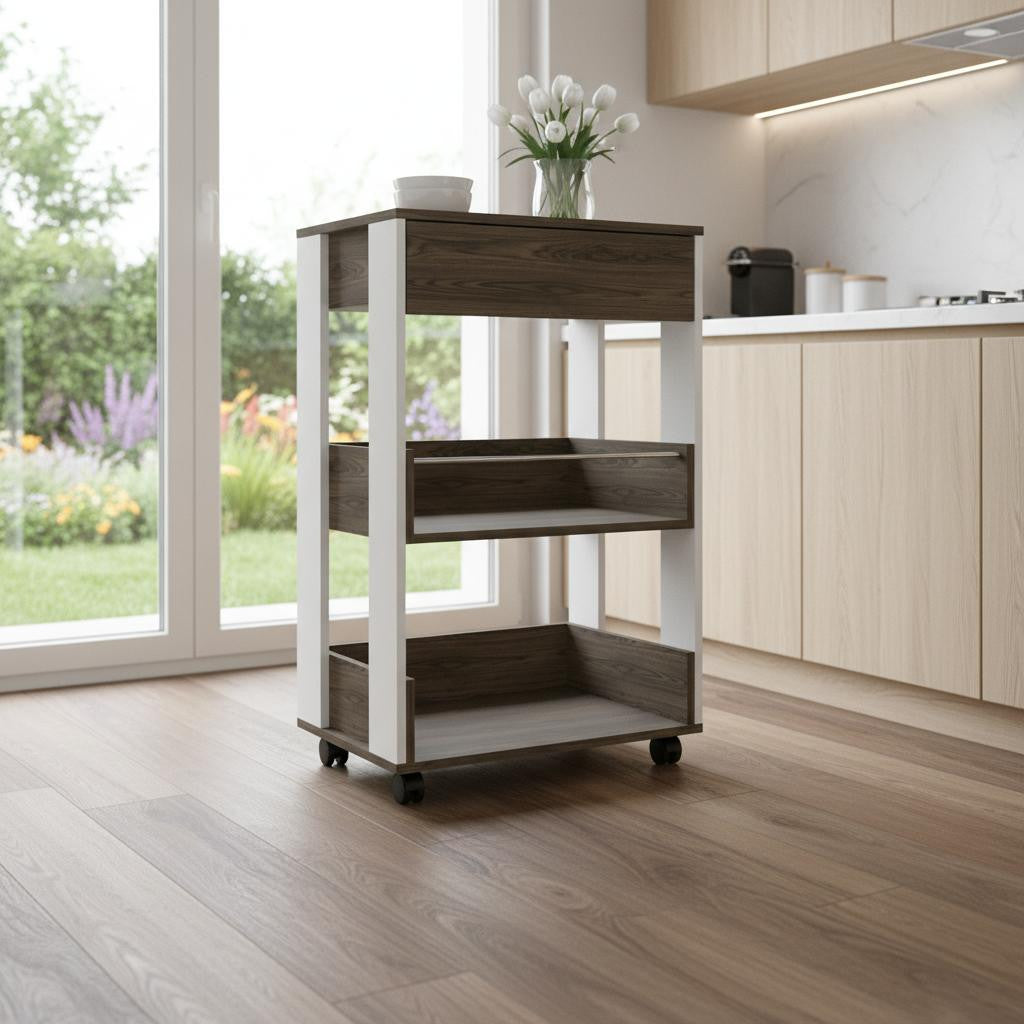 23" Dark Brown and White Wood Rolling Kitchen Cart With Storage
