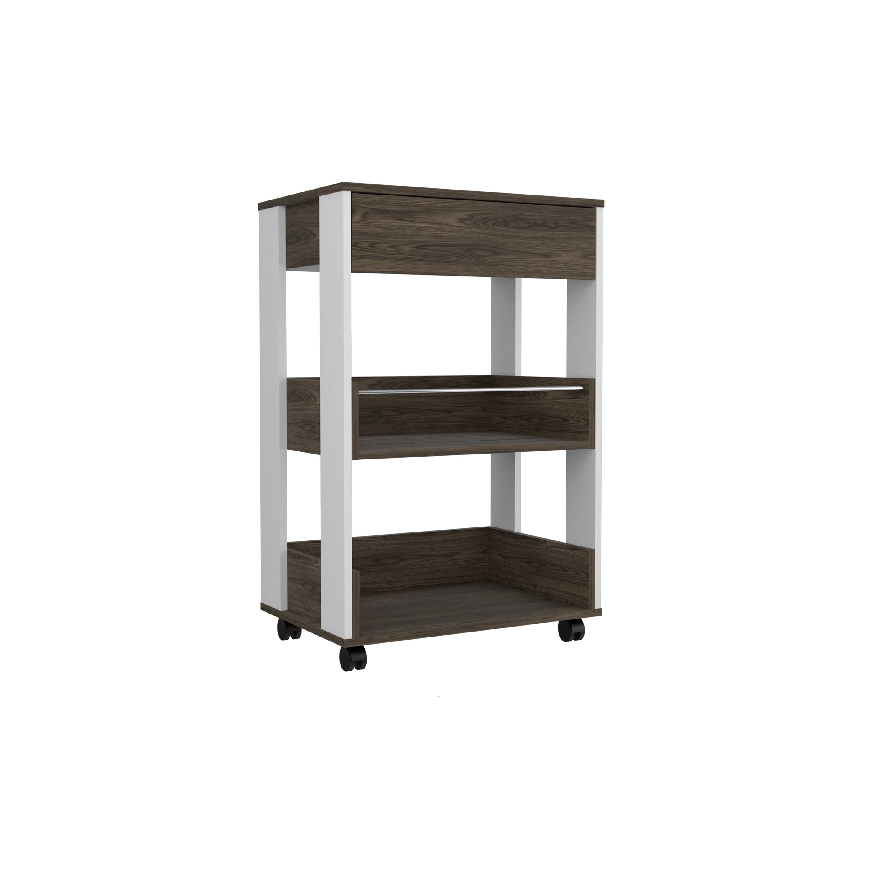 23" Dark Brown and White Wood Rolling Kitchen Cart With Storage