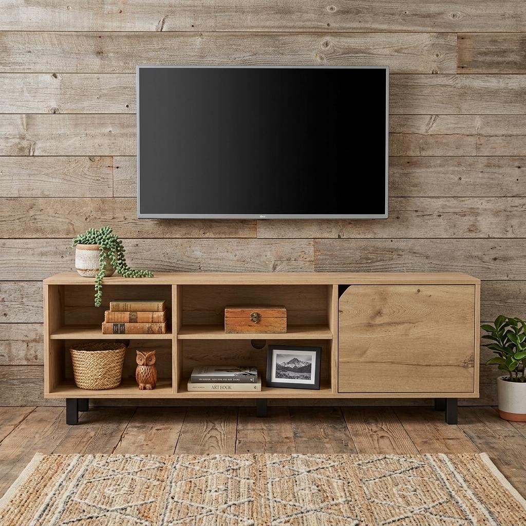 71" Natural Wood Enclosed and Open Storage TV Stand