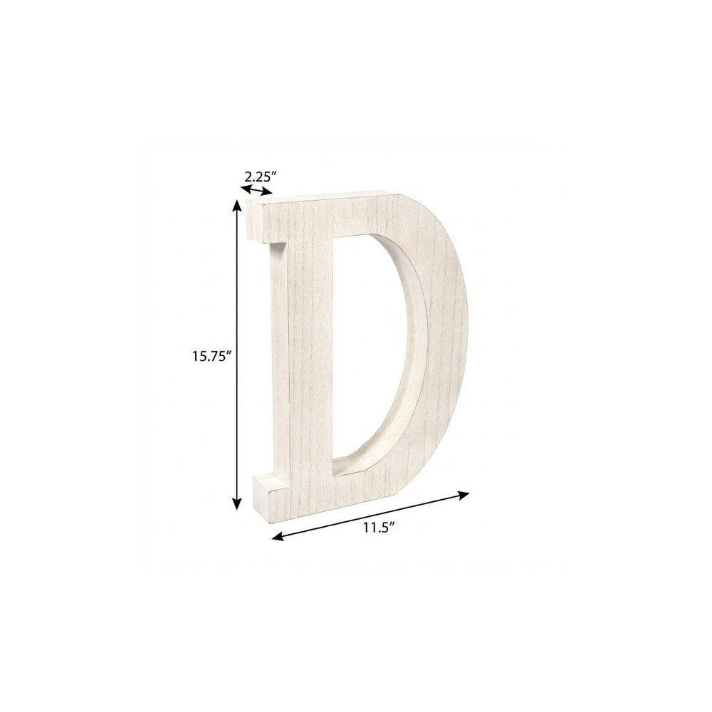 16" Distressed White Wash Wooden Initial Letter D Sculpture