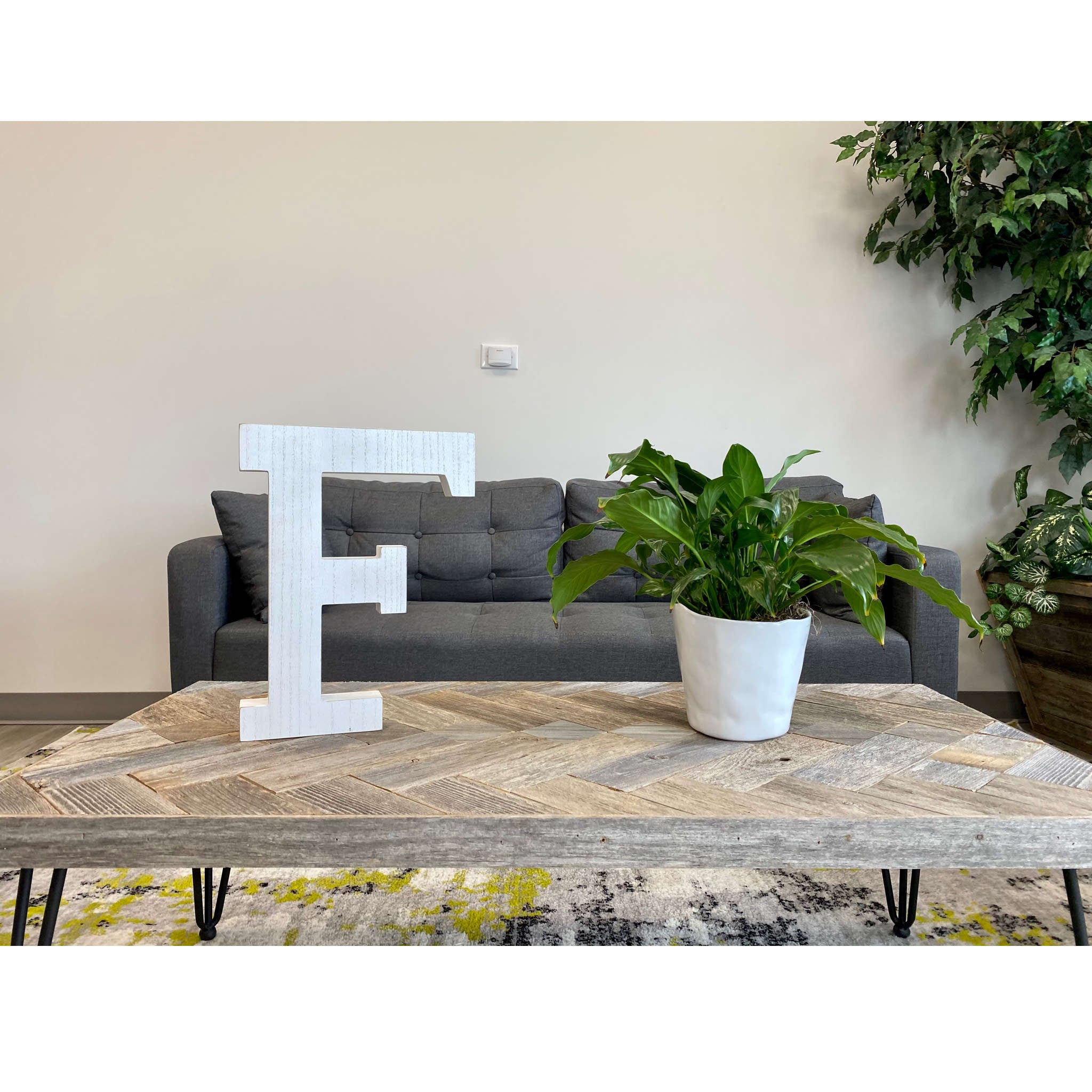16" Distressed White Wash Wooden Initial Letter F Sculpture