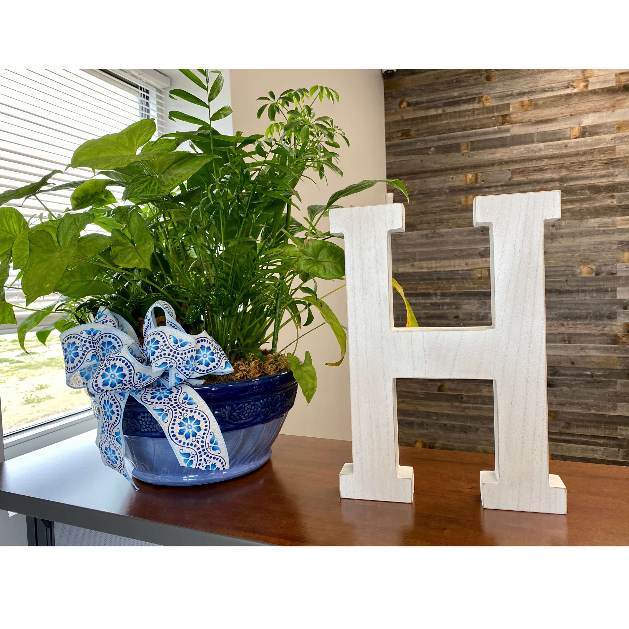 16" Distressed White Wash Wooden Initial Letter H Sculpture